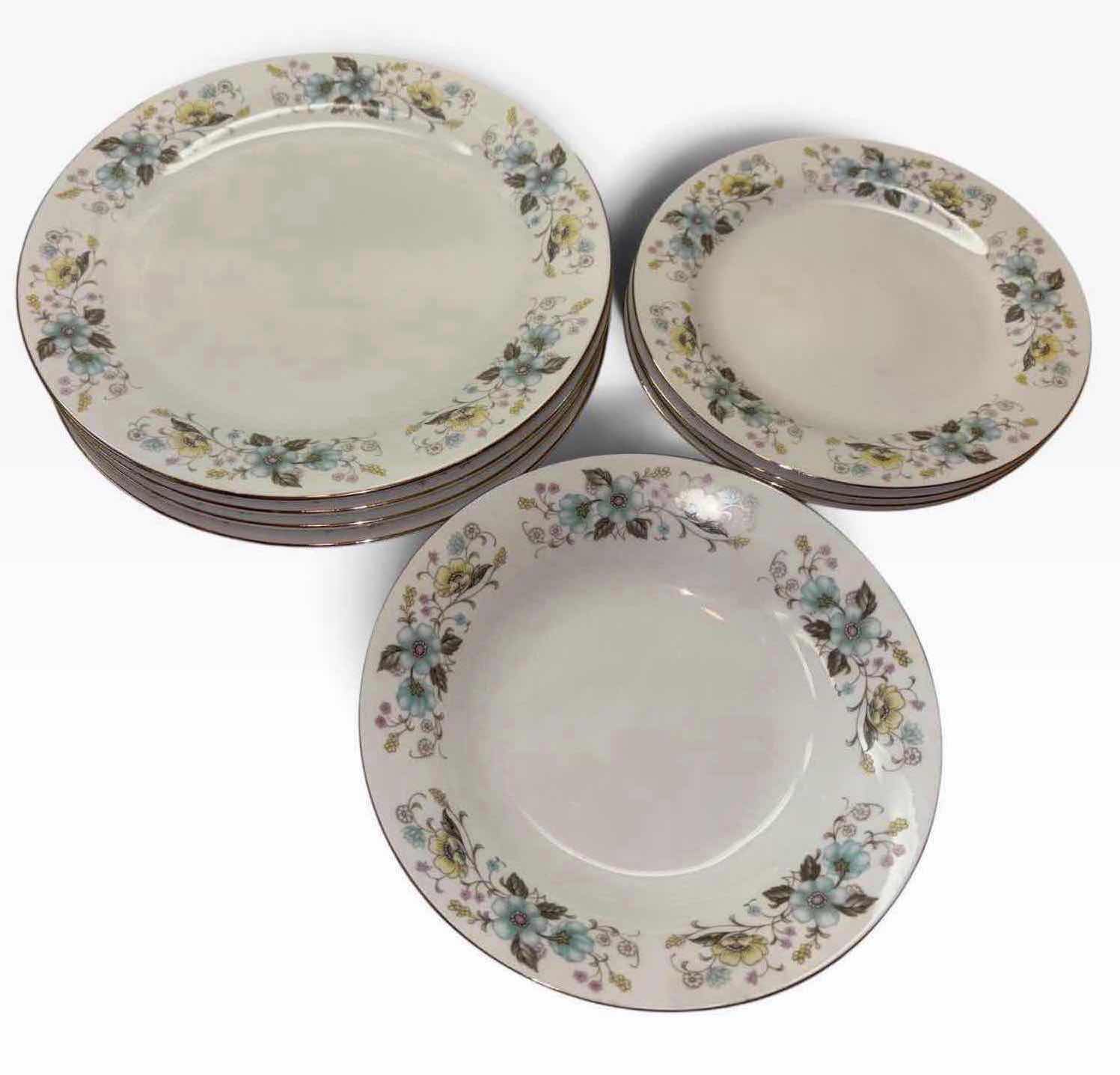Photo 1 of VINTAGE FLORAL CHINA 12 PC PORCELAIN 10.25” DINNER PLATE, 8” SALAD PLATE & 8” SOUP BOWL SET W GOLD TRIM
