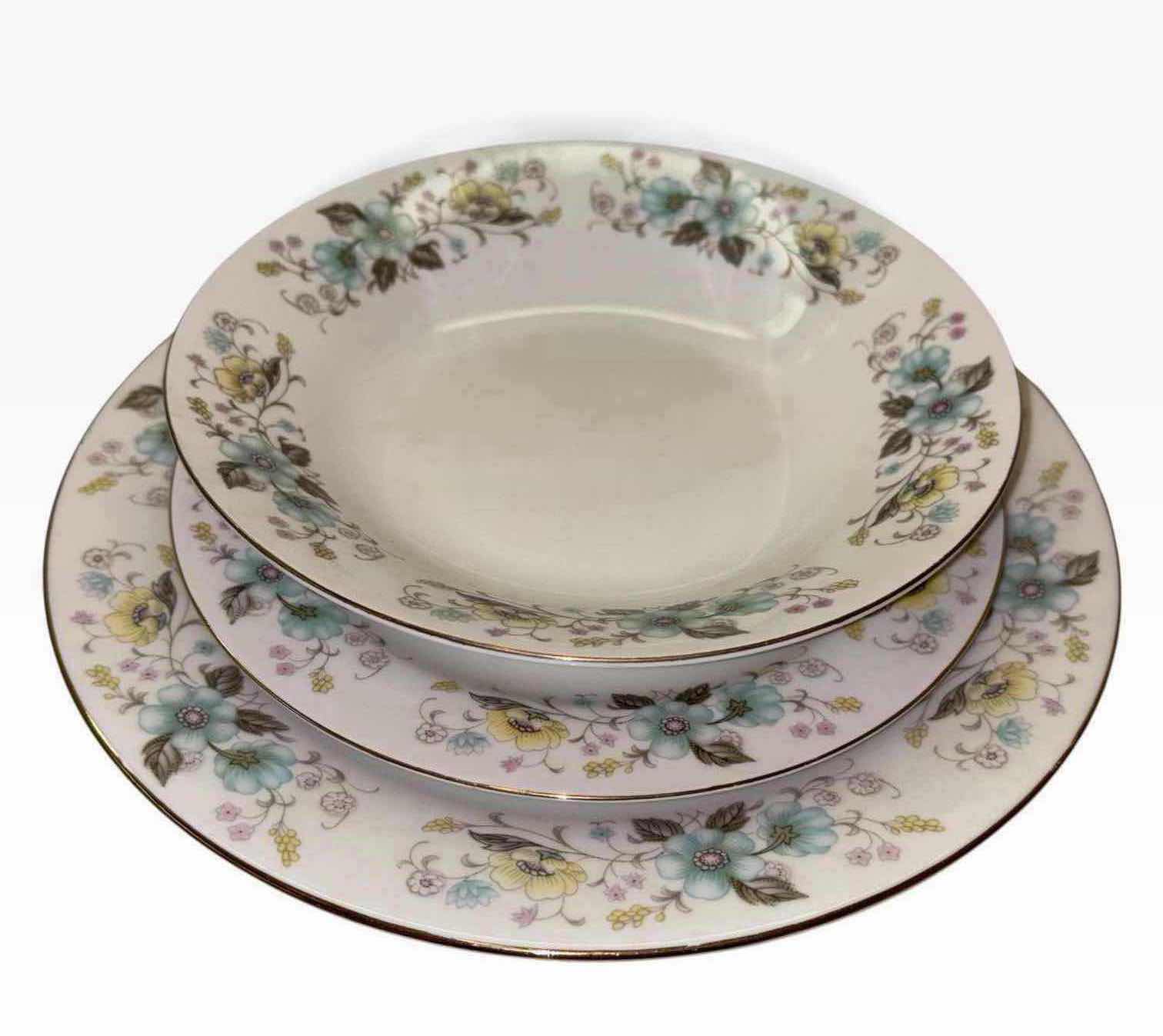 Photo 1 of VINTAGE FLORAL CHINA 12 PC PORCELAIN 10.25” DINNER PLATE, 8” SALAD PLATE & 8” SOUP BOWL SET W GOLD TRIM