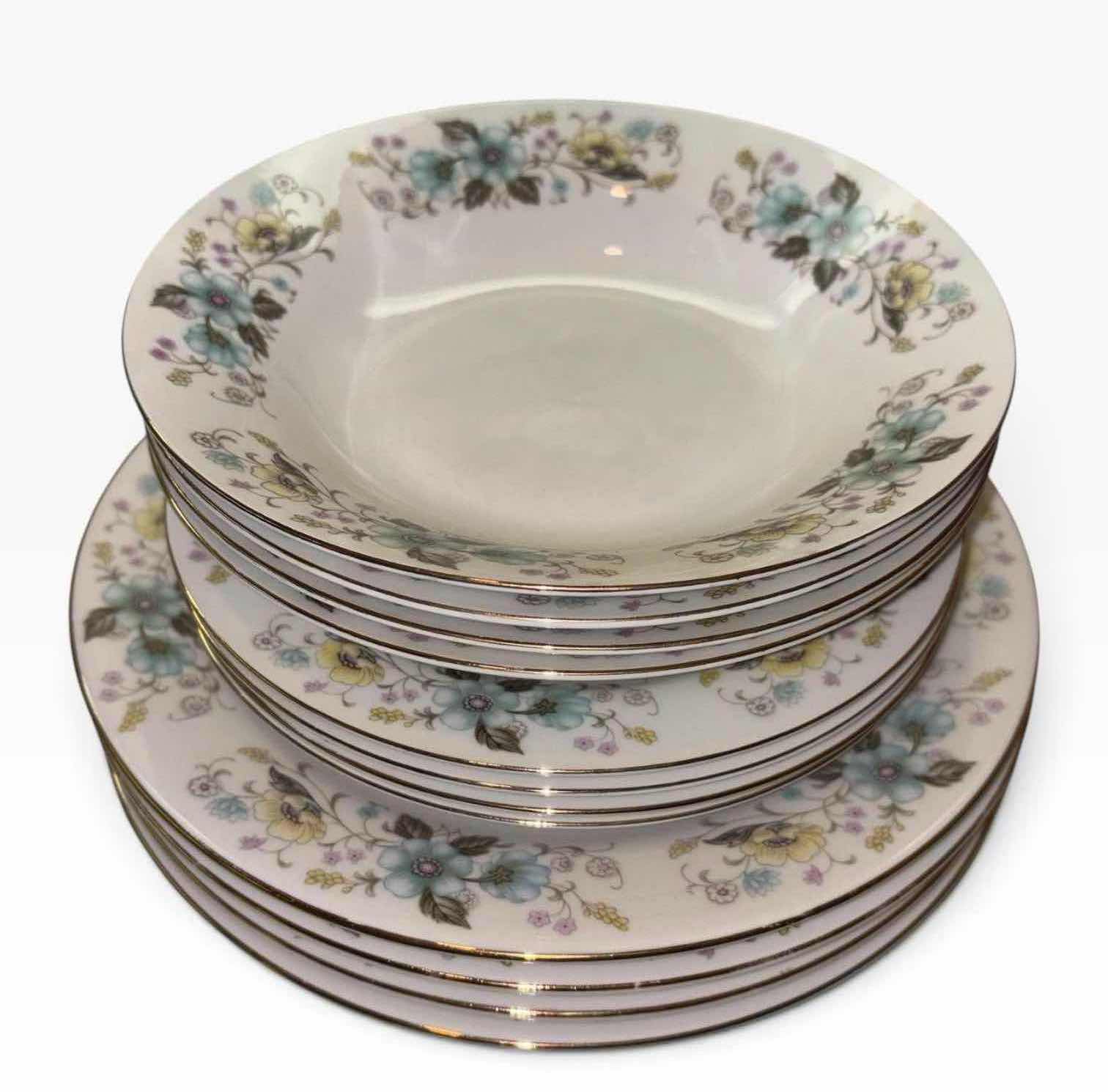 Photo 1 of VINTAGE FLORAL CHINA 12 PC PORCELAIN 10.25” DINNER PLATE, 8” SALAD PLATE & 8” SOUP BOWL SET W GOLD TRIM