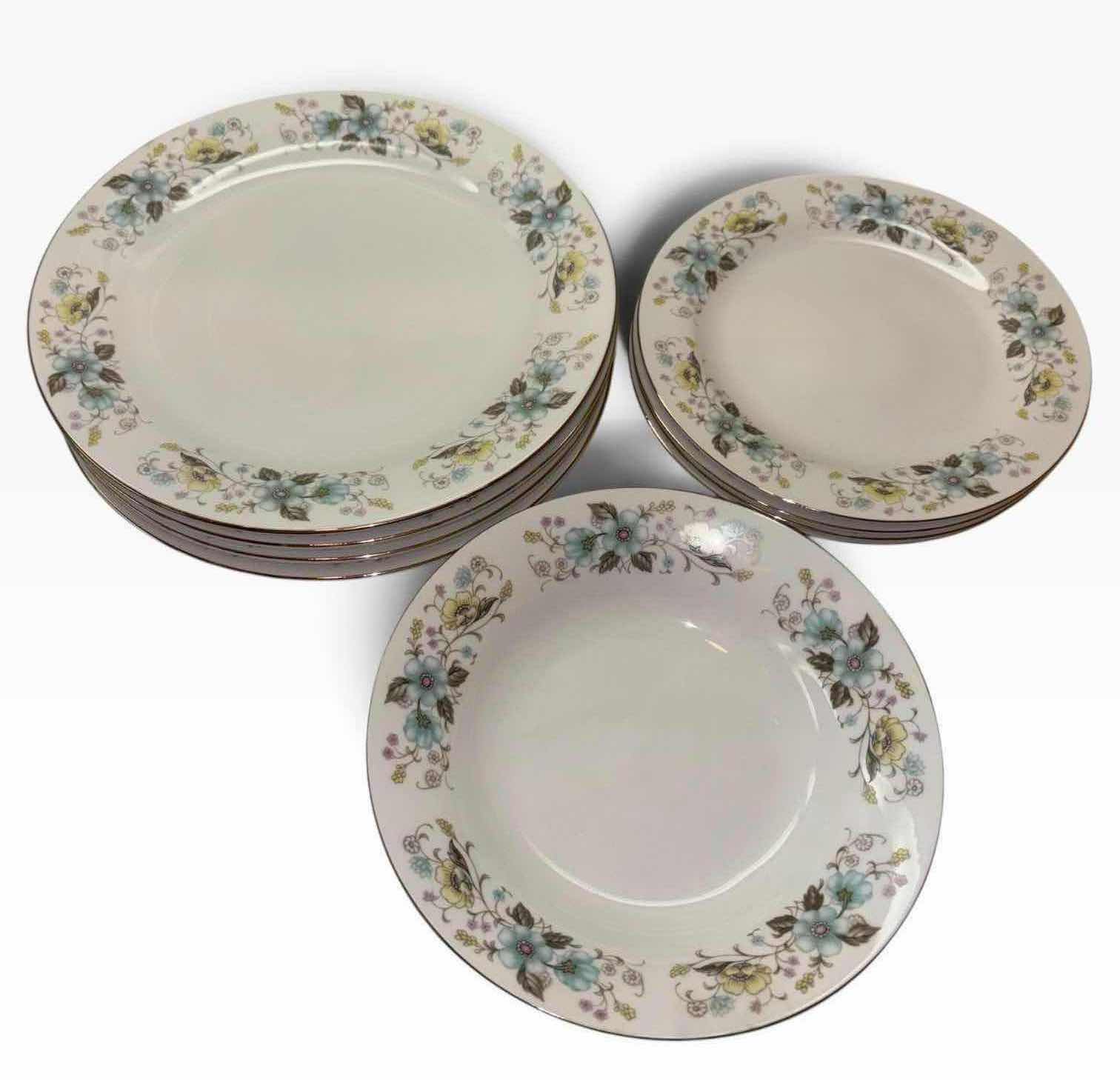 Photo 1 of VINTAGE FLORAL CHINA 12 PC PORCELAIN 10.25” DINNER PLATE, 8” SALAD PLATE & 8” SOUP BOWL SET W GOLD TRIM
