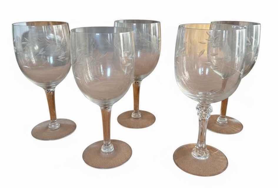 Photo 1 of (5)PCS VINTAGE ETCHED FLORAL WINE GLASSES H7”