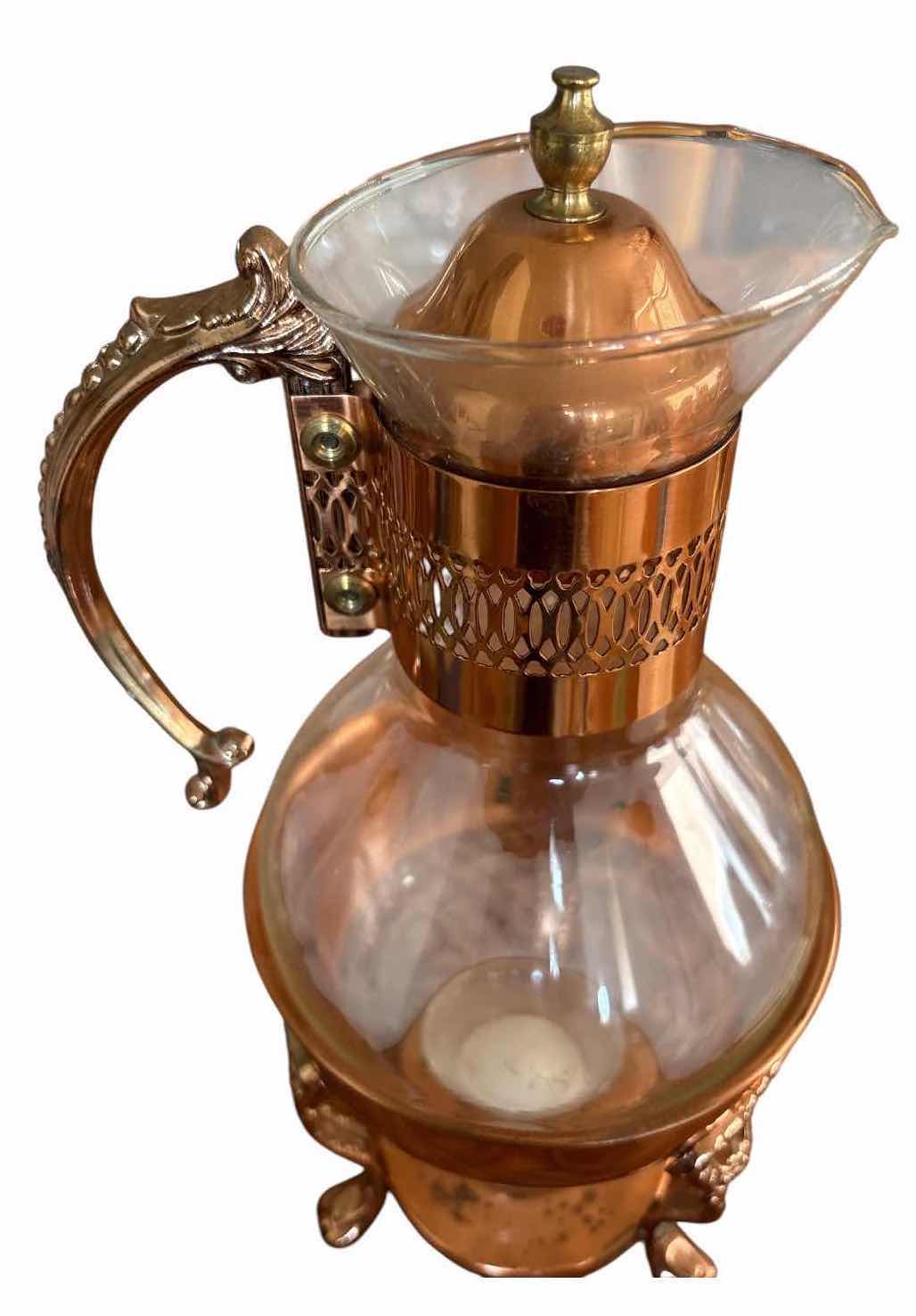 Photo 1 of VINTAGE COPPER-TONE GLASS CARAFE WITH WARMING STAND H13.5”
