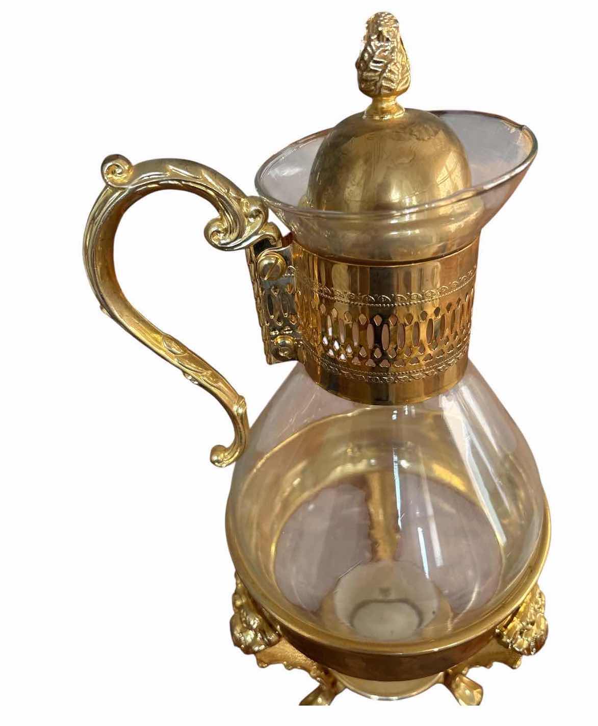 Photo 1 of VINTAGE GOLD-TONE GLASS CARAFE WITH WARMING STAND H14”