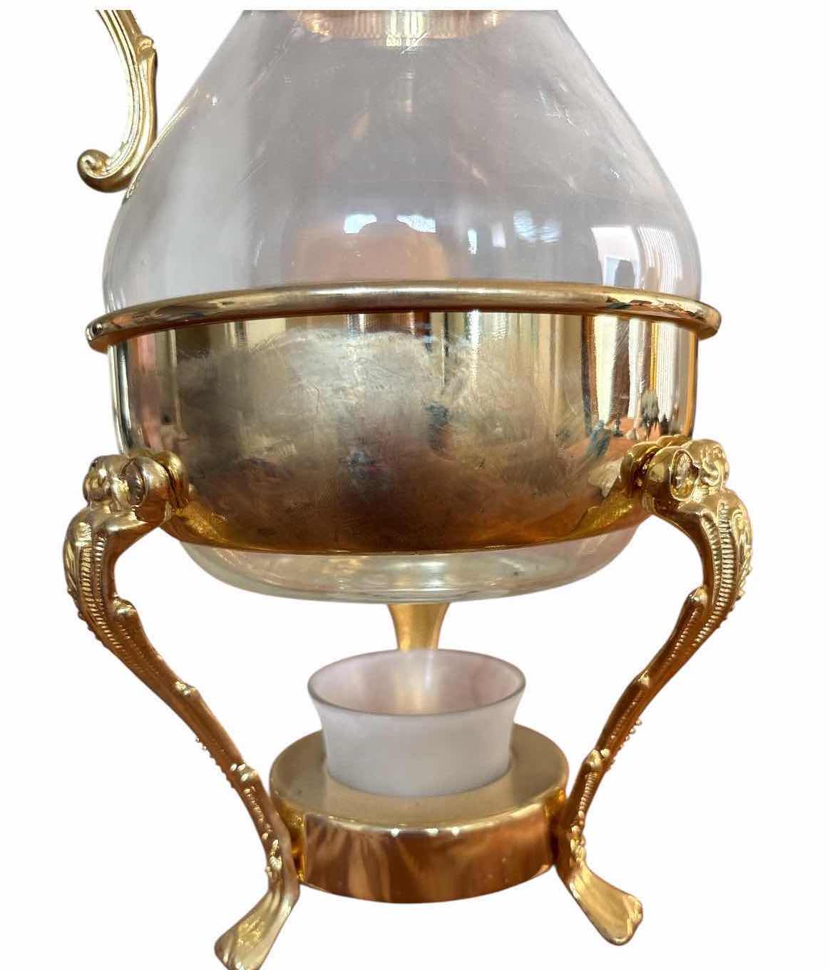 Photo 1 of VINTAGE GOLD-TONE GLASS CARAFE WITH WARMING STAND H14”