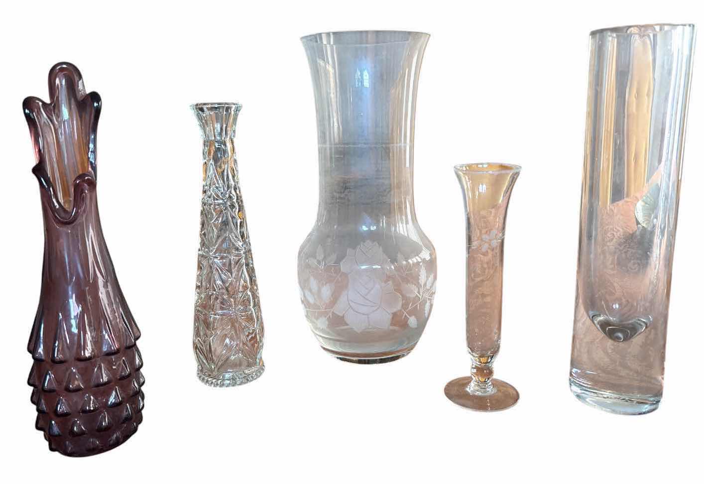Photo 1 of (5)PCS VINTAGE GLASS & CRYSTAL VASE LOT H11”