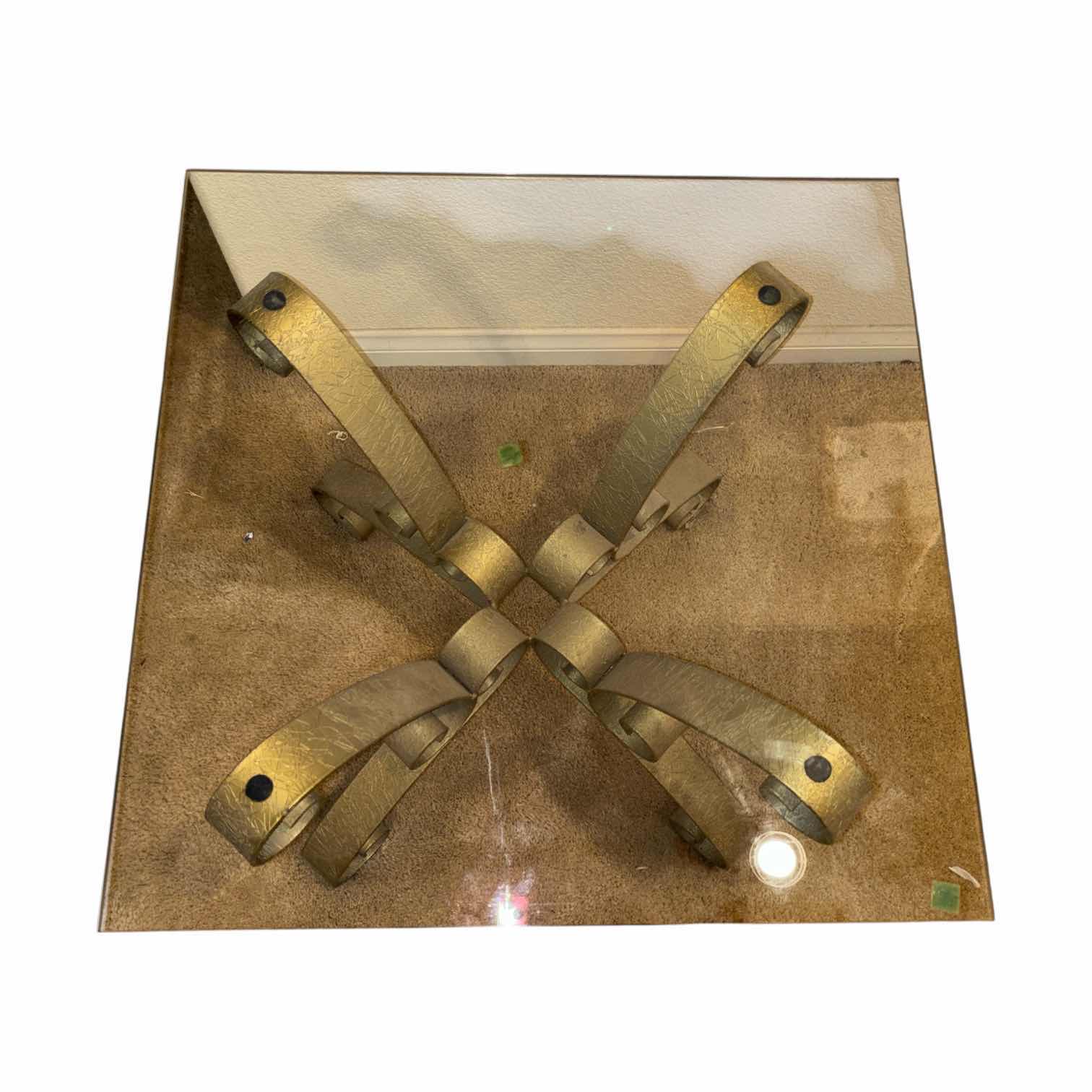 Photo 1 of MID CENTURY MODERN GILT WROUGHT IRON SCROLL HOLLYWOOD REGENCY GLASS TOP END TABLE IN GOLD FINISH 23.75” X 23.75” H18.75” $1000