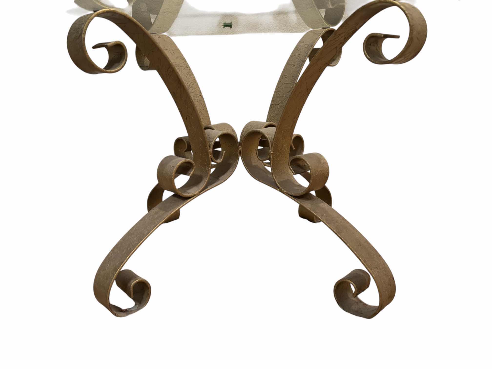 Photo 1 of MID CENTURY MODERN GILT WROUGHT IRON SCROLL HOLLYWOOD REGENCY GLASS TOP END TABLE IN GOLD FINISH 23.75” X 23.75” H18.75” $1000