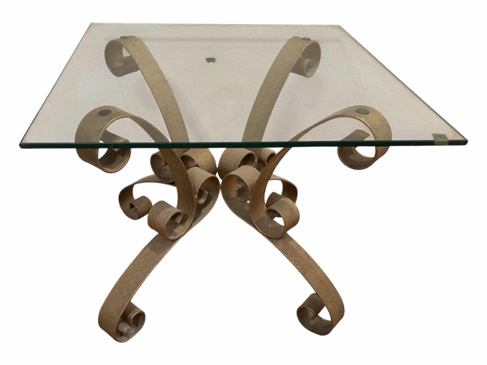 Photo 1 of MID CENTURY MODERN GILT WROUGHT IRON SCROLL HOLLYWOOD REGENCY GLASS TOP END TABLE IN GOLD FINISH 23.75” X 23.75” H18.75” $1000