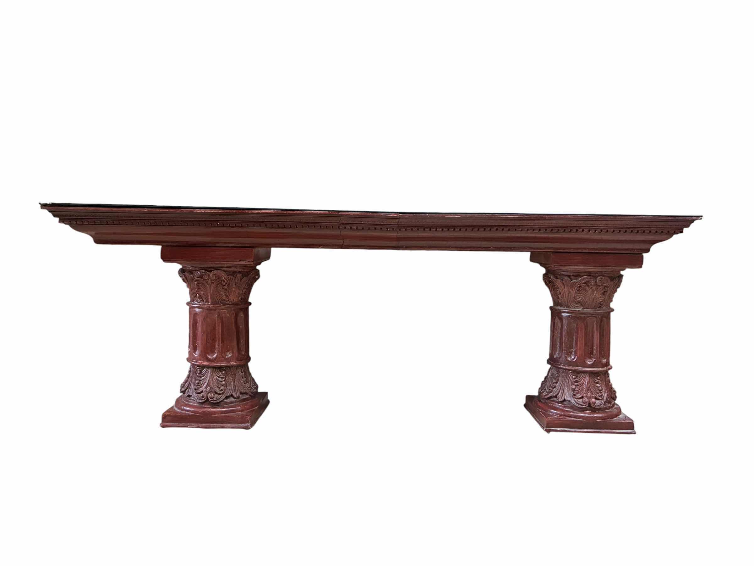 Photo 1 of MID-CENTURY AGED STYLE RED WOOD COLUMN BLACK GLASS TOP CUSTOM BUILD BUFFET TABLE 82“ X 25“ H30“