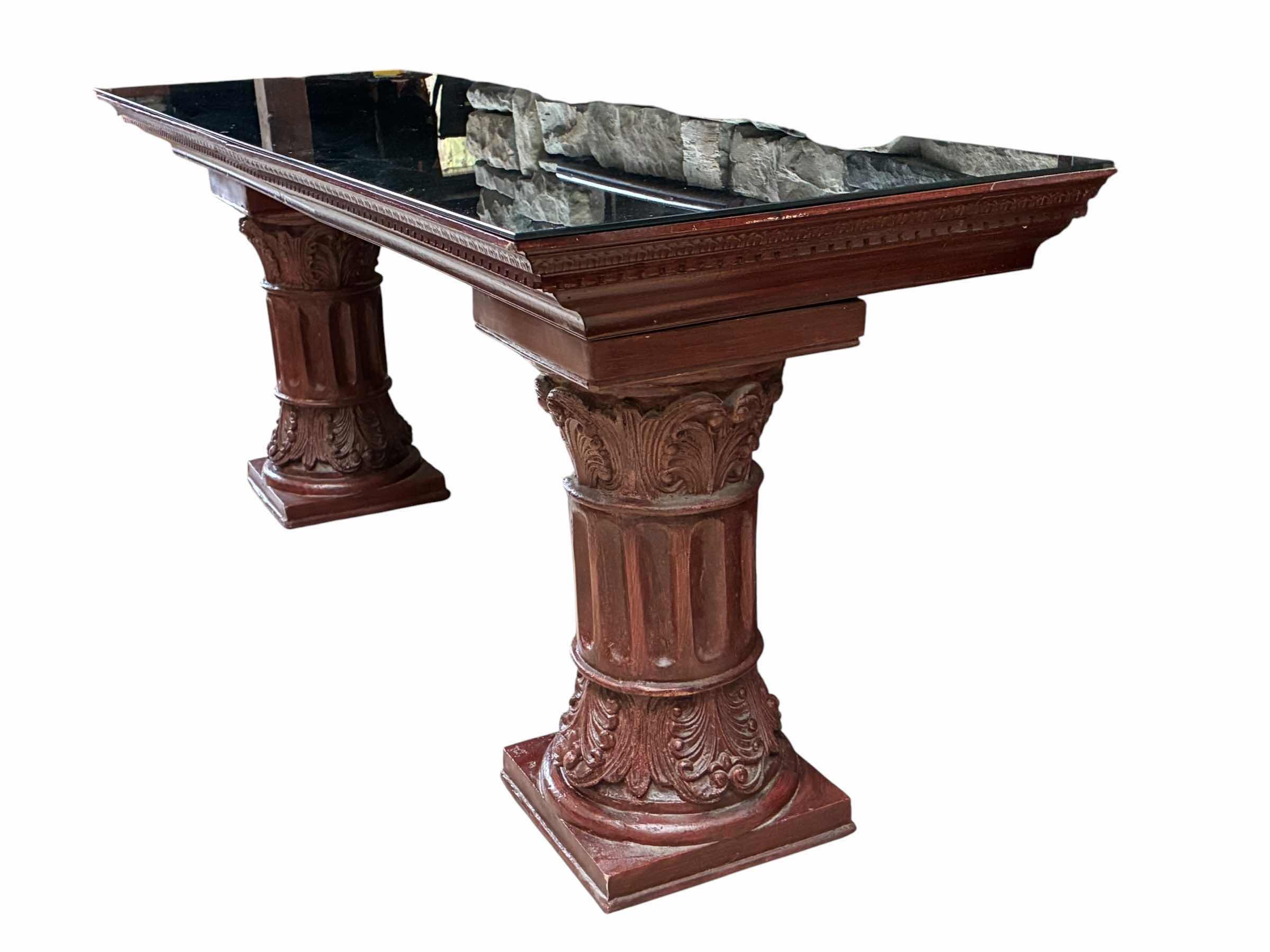Photo 1 of MID-CENTURY AGED STYLE RED WOOD COLUMN BLACK GLASS TOP CUSTOM BUILD BUFFET TABLE 82“ X 25“ H30“