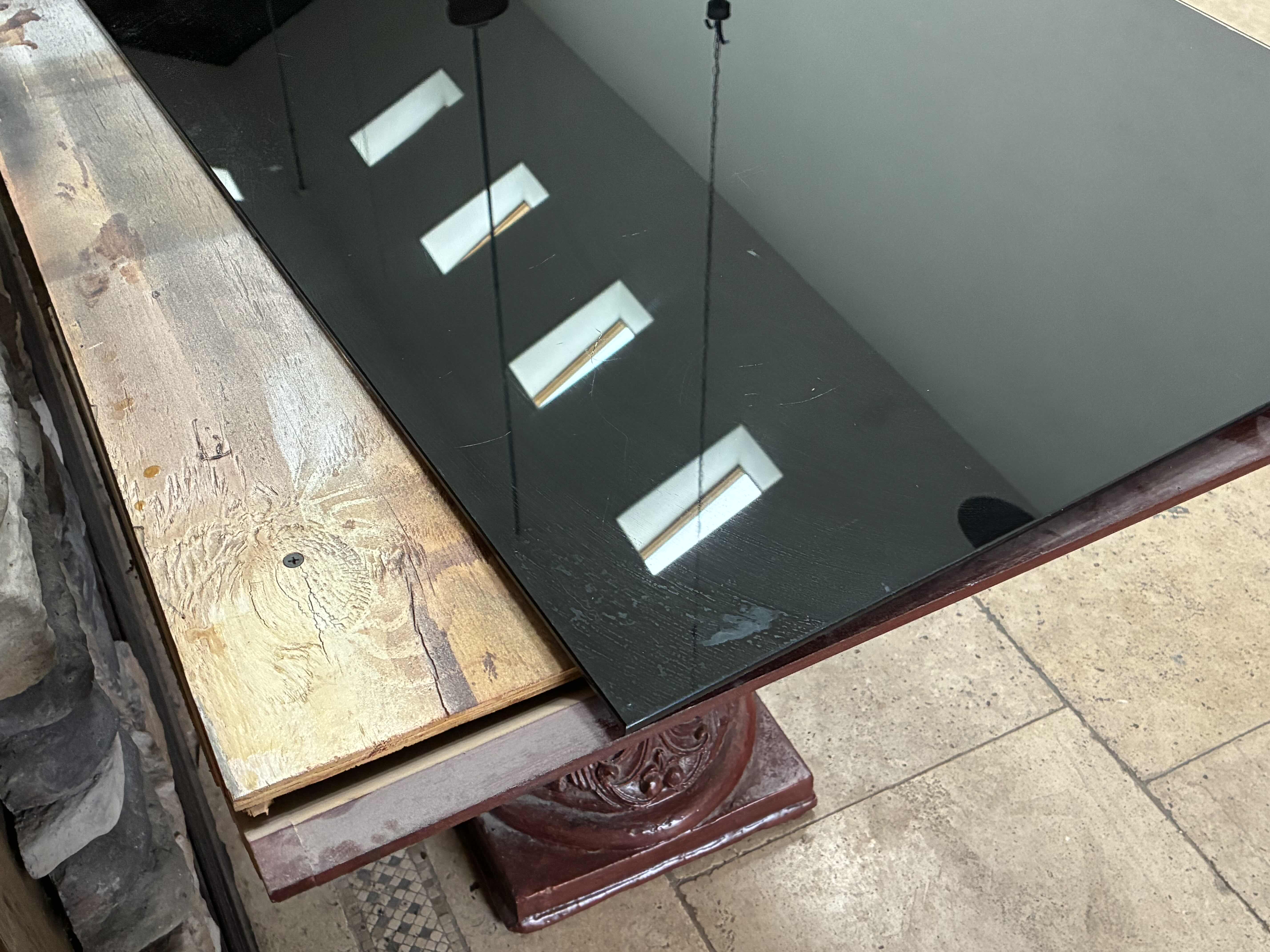 Photo 1 of MID-CENTURY AGED STYLE RED WOOD COLUMN BLACK GLASS TOP CUSTOM BUILD BUFFET TABLE 82“ X 25“ H30“