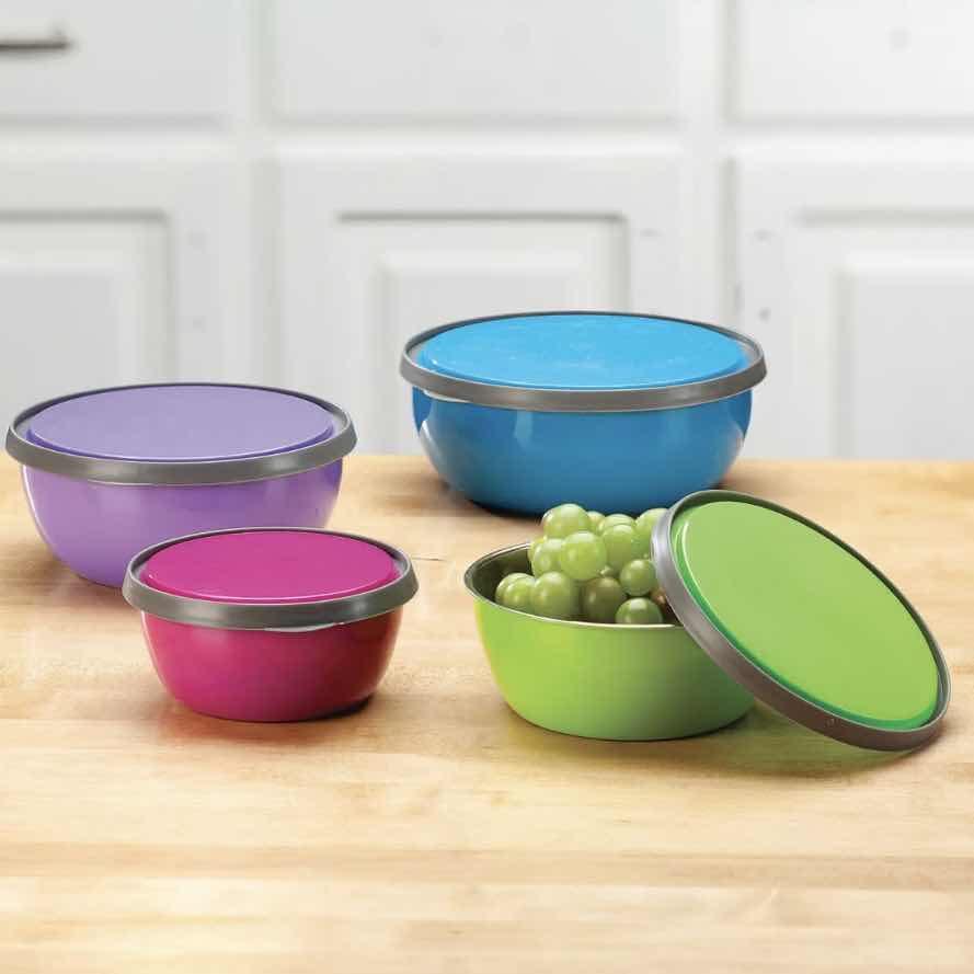 Photo 1 of CASE OF 24 SETS OF 4 COLORED STAINLESS STEEL NESTING BOWLS WITH LIDS