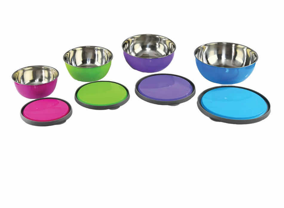 Photo 1 of CASE OF 24 SETS OF 4 COLORED STAINLESS STEEL NESTING BOWLS WITH LIDS