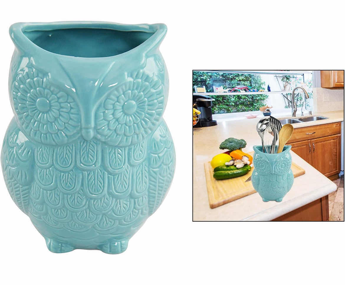Photo 1 of CASE OF 12 HOME-X LARGE OWL DESIGN CERAMIC COOKING UTENSIL HOLDER, KITCHEN DECOR FOR COOKING ACCESSORIES, CERAMIC UTENSIL HOLDER-MULTIPURPOSE- AQUA BLUE-7” H X 4” D