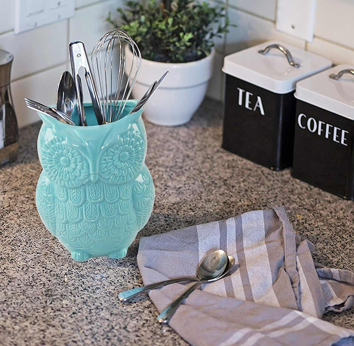 Photo 1 of CASE OF 12 HOME-X LARGE OWL DESIGN CERAMIC COOKING UTENSIL HOLDER, KITCHEN DECOR FOR COOKING ACCESSORIES, CERAMIC UTENSIL HOLDER-MULTIPURPOSE- AQUA BLUE-7” H X 4” D