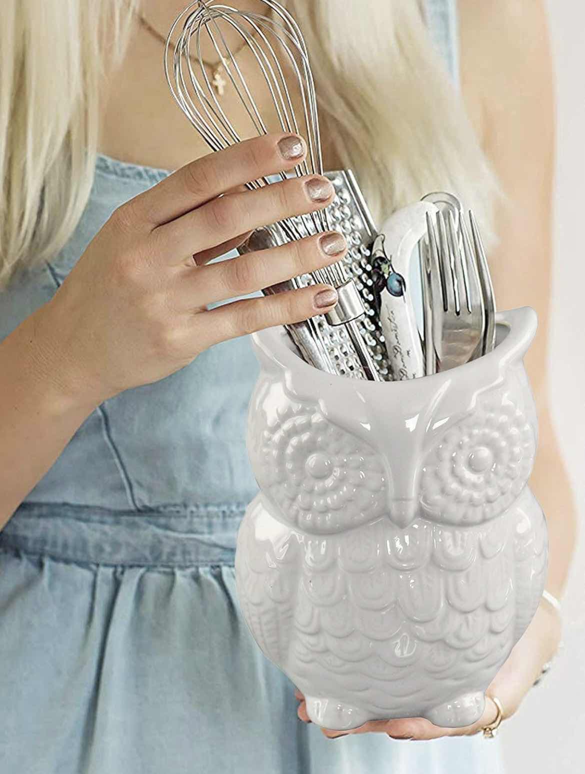 Photo 2 of CASE OF 12 HOME-X CERAMIC OWL UTENSIL HOLDER - KITCHEN ORGANIZER, LARGE UTENSIL CADDY FOR COUNTER, COOKING & SPATULA STORAGE CROCK, FARMHOUSE DECOR, HOME & KITCHEN ACCESSORY, WHITE 7” H X 4” D