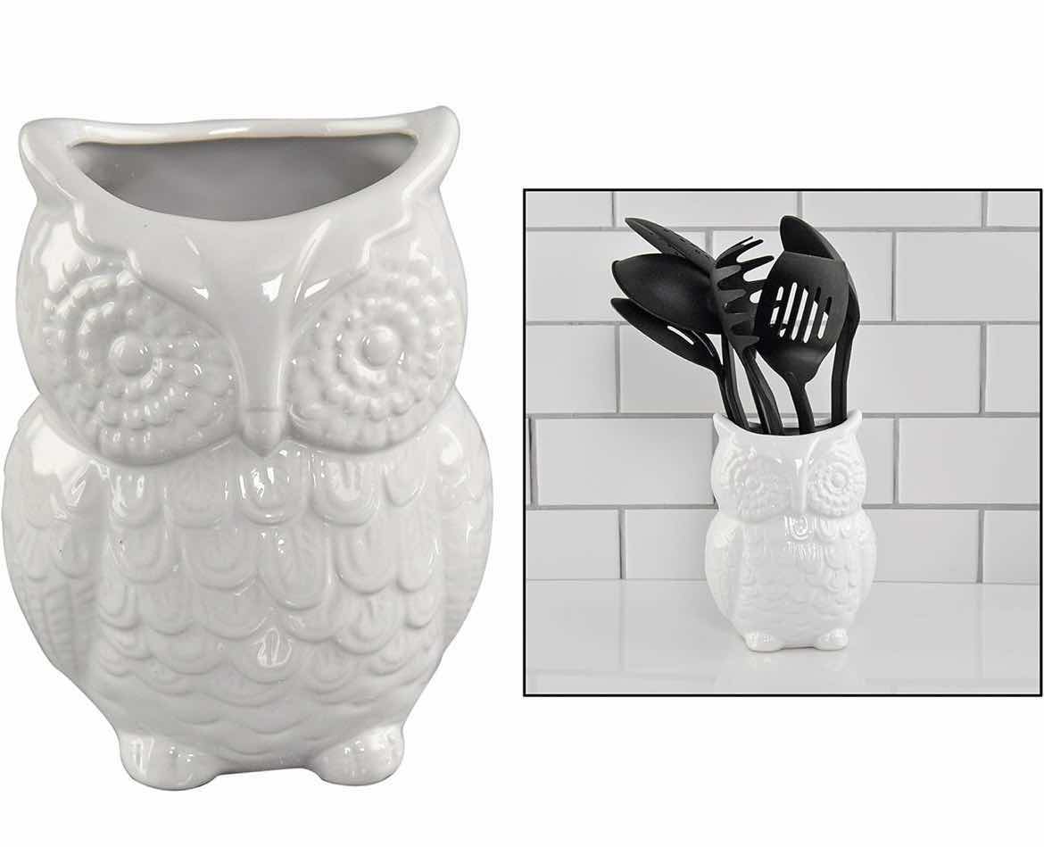 Photo 1 of CASE OF 12 HOME-X CERAMIC OWL UTENSIL HOLDER - KITCHEN ORGANIZER, LARGE UTENSIL CADDY FOR COUNTER, COOKING & SPATULA STORAGE CROCK, FARMHOUSE DECOR, HOME & KITCHEN ACCESSORY, WHITE 7” H X 4” D