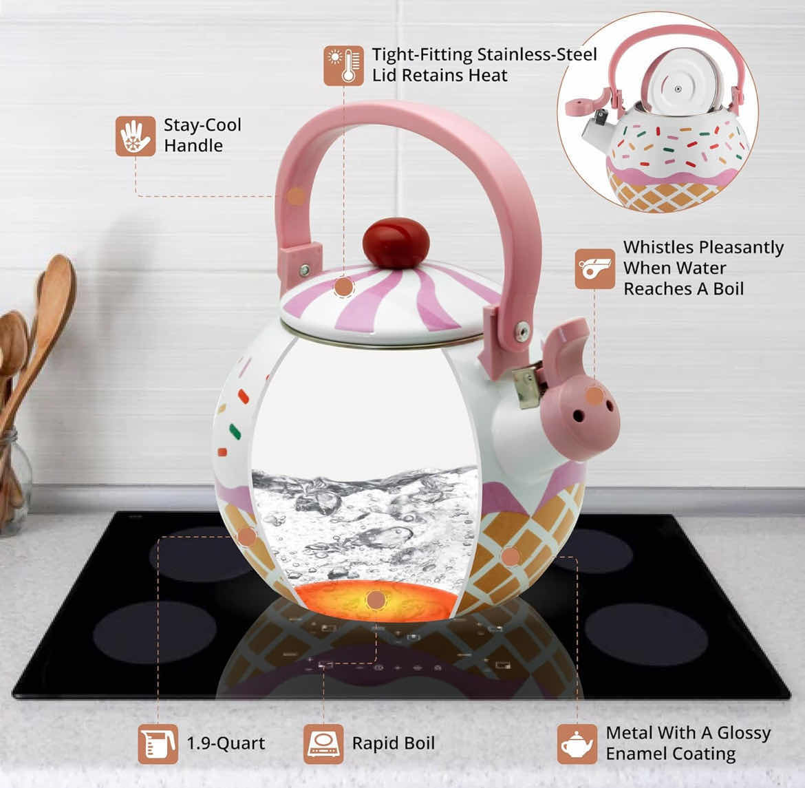 Photo 3 of CASE OF 6 HOME-X STRAWBERRY CUPCAKE WHISTLING TEA KETTLE FOR STOVE TOP 1.7QT CUTE KITCHEN ACCESSORIES