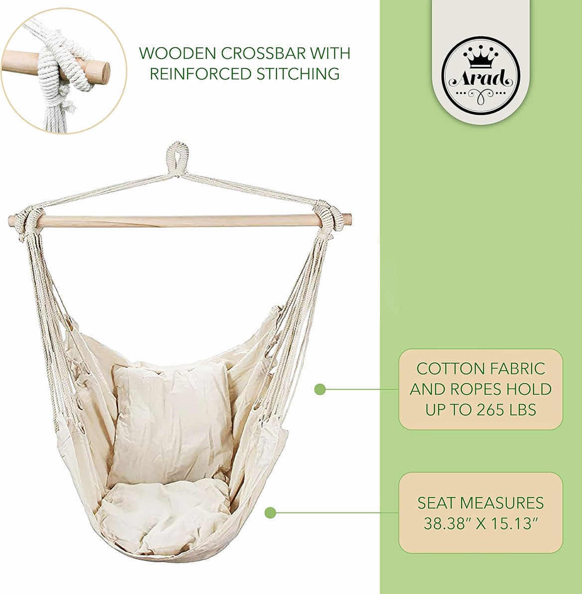 Photo 2 of CASE OF 4 ARAD WHITE HANGING ROPE HAMMOCK CHAIR SWING SEAT FOR ANY INDOOR OR OUTDOOR SPACES MAX. 265 LBS. 2 SEAT CUSHIONS INCLUDED