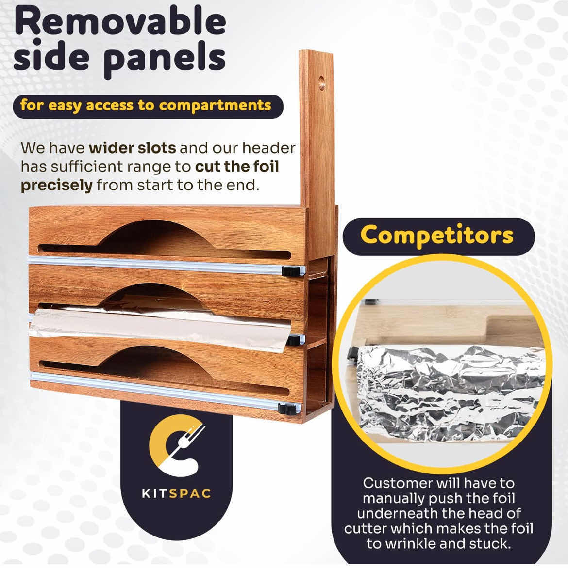 Photo 1 of CASE OF 10 FOIL AND PLASTIC WRAP DISPENSER WITH CUTTER 3 IN 1 TIN FOIL SARAN WRAP ORGANIZERS FOR DRAWER 12” MADE OF ACACIA WOOD