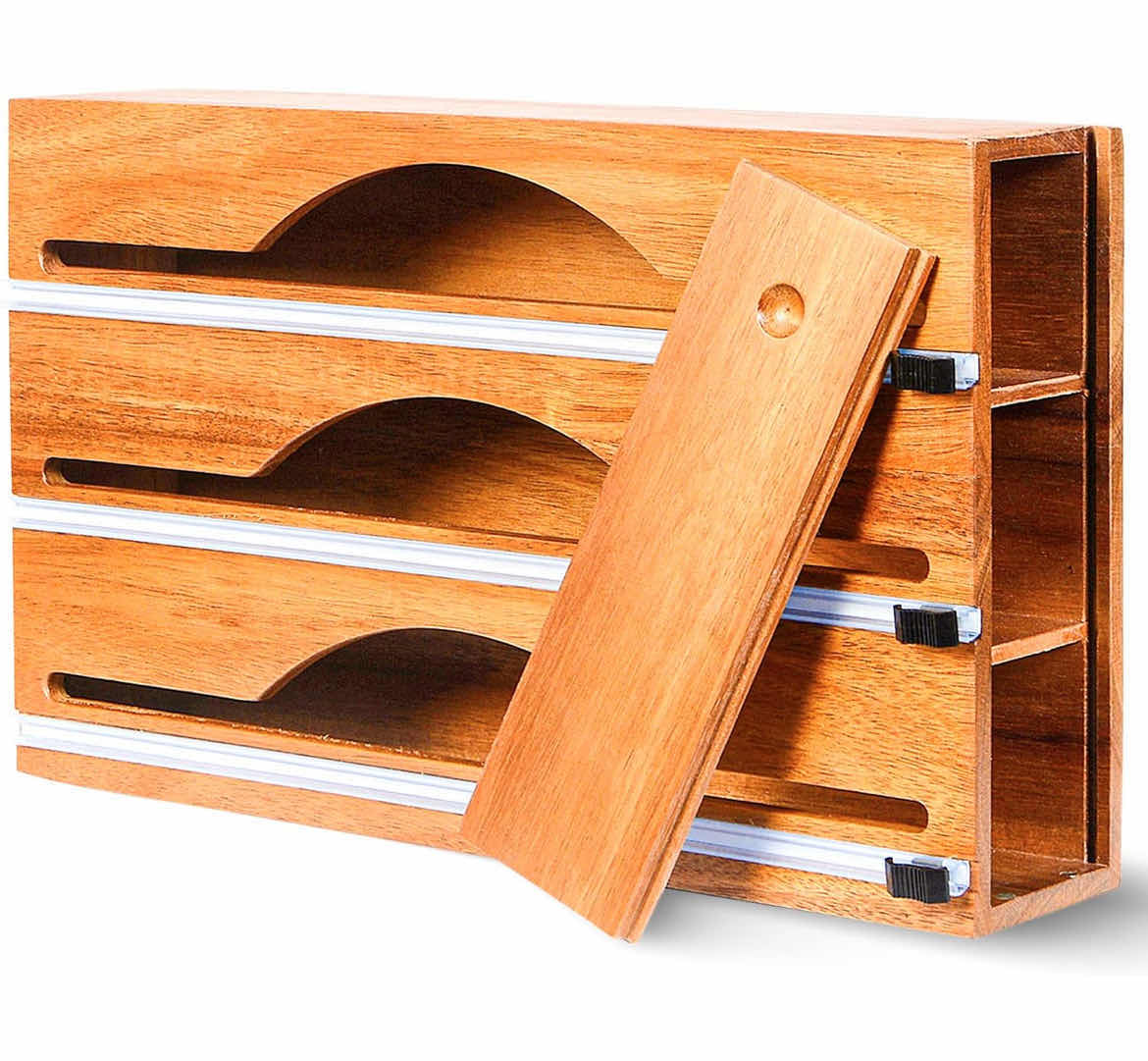 Photo 1 of CASE OF 10 FOIL AND PLASTIC WRAP DISPENSER WITH CUTTER 3 IN 1 TIN FOIL SARAN WRAP ORGANIZERS FOR DRAWER 12” MADE OF ACACIA WOOD