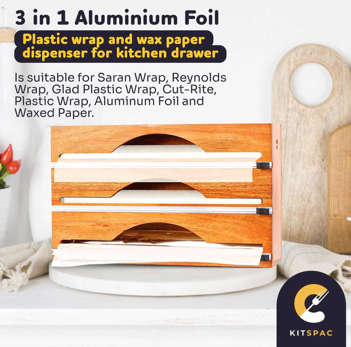 Photo 1 of CASE OF 10 FOIL AND PLASTIC WRAP DISPENSER WITH CUTTER 3 IN 1 TIN FOIL SARAN WRAP ORGANIZERS FOR DRAWER 12” MADE OF ACACIA WOOD