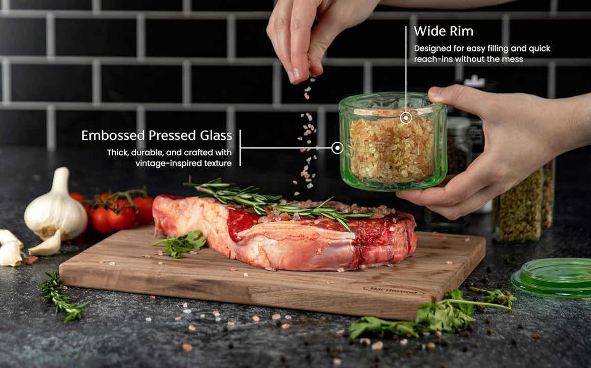 Photo 1 of CASE OF 12 DEPRESSION STYLE GREEN GLASS SALT CELLAR WITH LID, RETRO KITCHEN DECOR, WEDDING GIFT - 3 1/2" H X 4" D