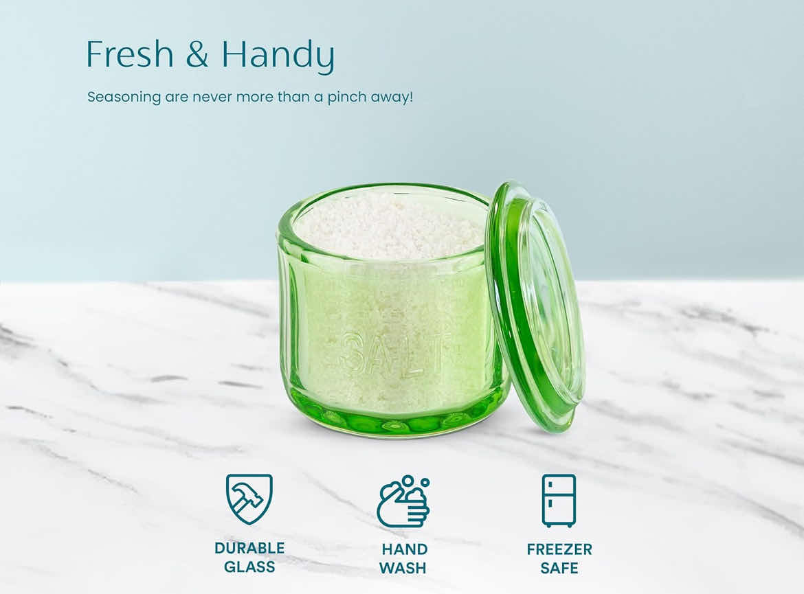 Photo 1 of CASE OF 12 DEPRESSION STYLE GREEN GLASS SALT CELLAR WITH LID, RETRO KITCHEN DECOR, WEDDING GIFT - 3 1/2" H X 4" D