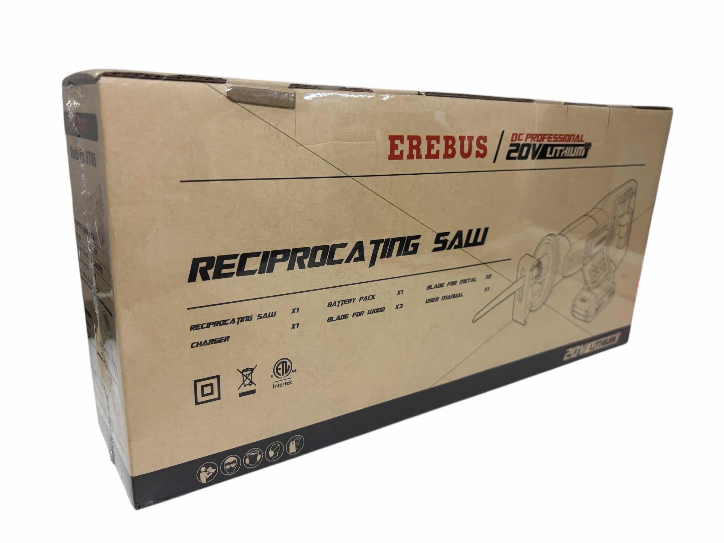 Photo 1 of EREBUS RECIPROCATING SAW DC PROFESSIONAL 20V LITHIUM CORDLESS DRILL DRIVER W CHARGER, BATTERY PACK & 5 BLADES 97705