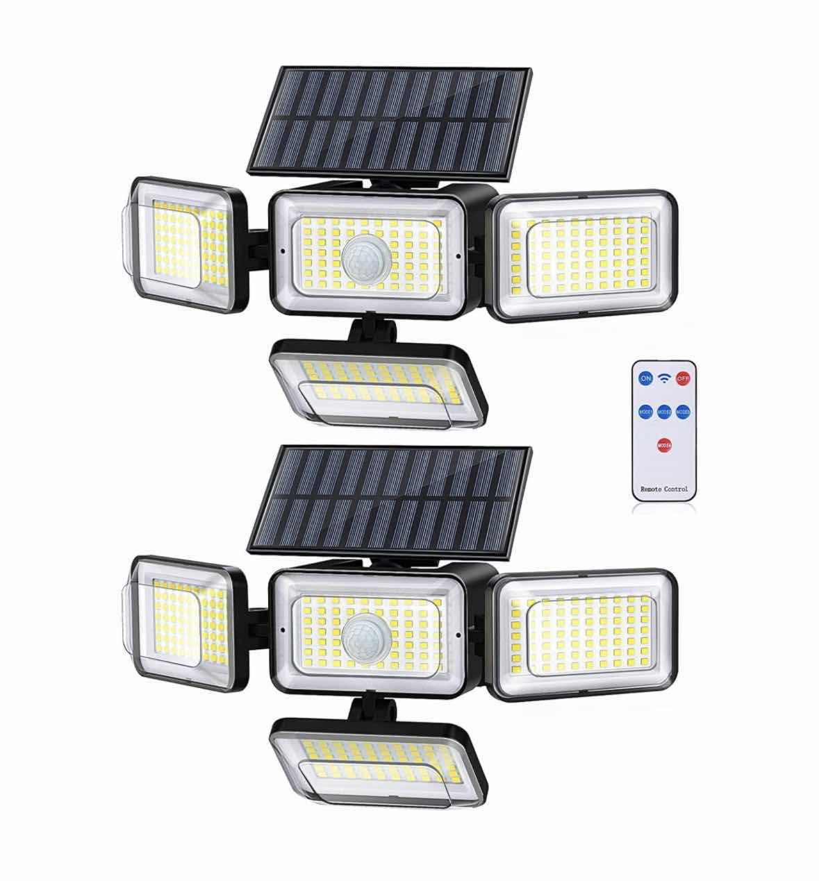 Photo 1 of MOKOT 2-PACK SOLAR POWERED OUTDOOR WATERPROOF LED MOTION SENSOR 4-HEAD WALL LIGHT W REMOTE CONTROL
