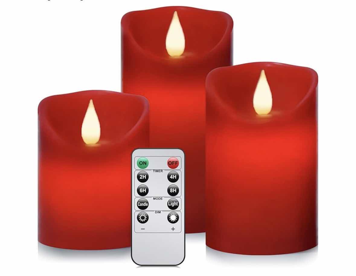 Photo 1 of ROOMSILY 3-PACK REAL WAX PILLAR BATTERY OPERATED FLAMELESS CANDLES W 24 HR TIMER & 10 KEY REMOTE CONTROL, RED