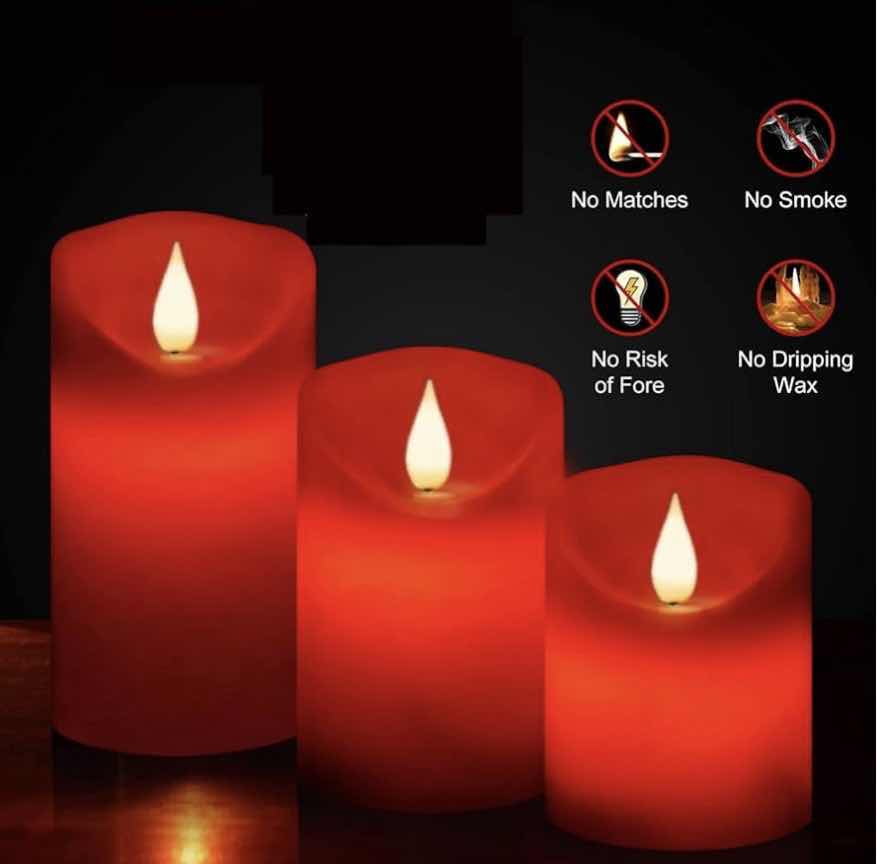 Photo 1 of ROOMSILY 3-PACK REAL WAX PILLAR BATTERY OPERATED FLAMELESS CANDLES W 24 HR TIMER & 10 KEY REMOTE CONTROL, RED