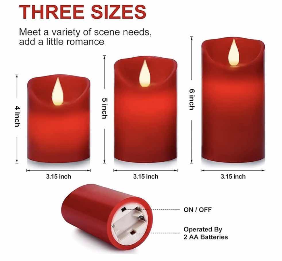 Photo 1 of ROOMSILY 3-PACK REAL WAX PILLAR BATTERY OPERATED FLAMELESS CANDLES W 24 HR TIMER & 10 KEY REMOTE CONTROL, RED