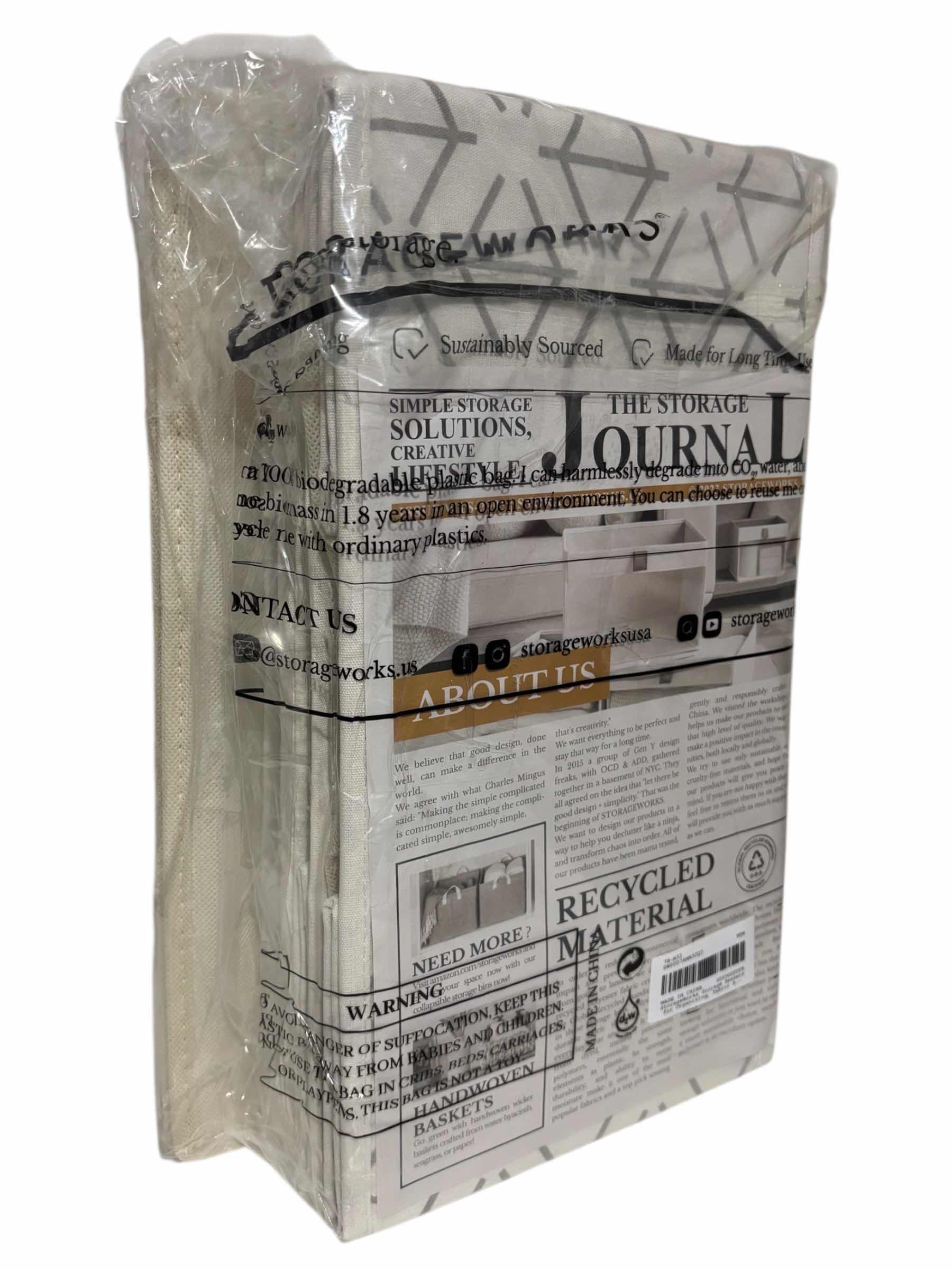 Photo 1 of STORAGEWORKS 3-PACK STORAGE BINS/BASKETS W HANDLES, WHITE/GREY PUTLINED SQUARE PATTERN