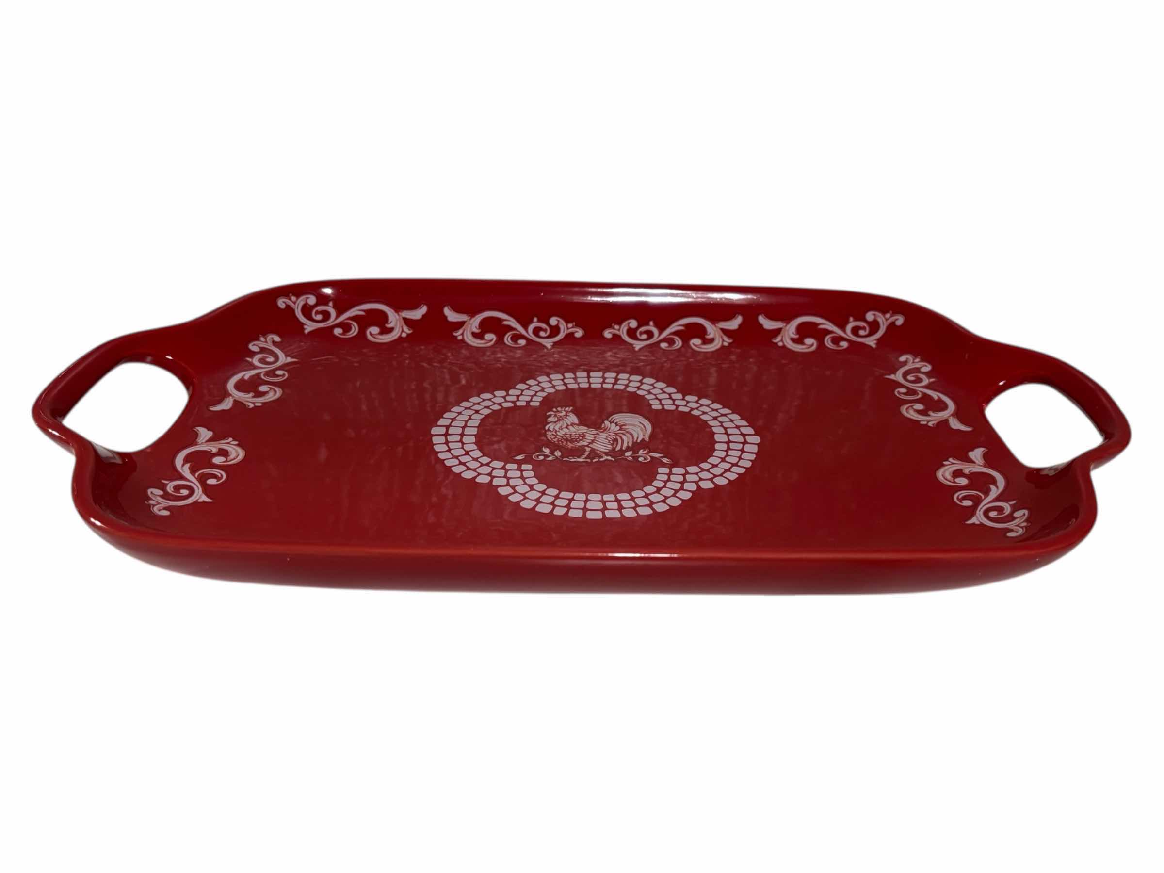 Photo 1 of TEMP-TATIONS OVENWARE DOODLE DOO RED ROOSTER 16” CERAMIC SHALLOW PLATTER W OPEN HANDLES
