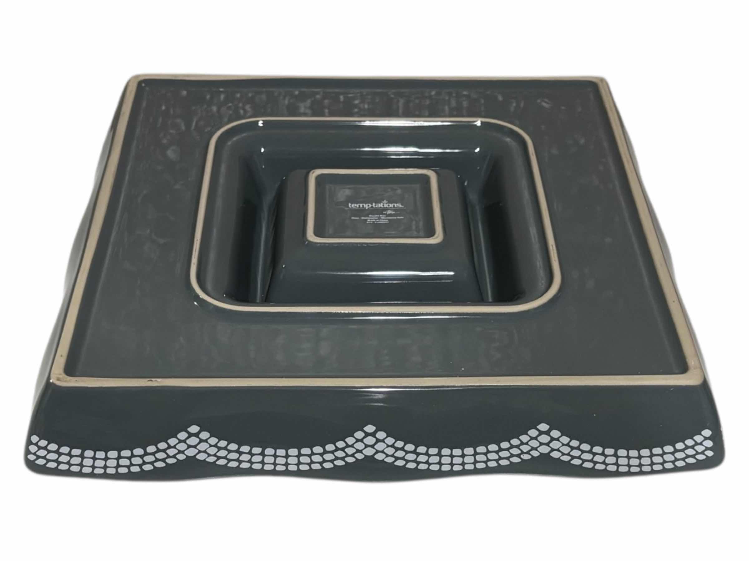 Photo 1 of TEMP-TATIONS OVENWARE DOODLE DOO GREY ROOSTER 12” X 12” CERAMIC SQUARE CHIP & DIP DISH