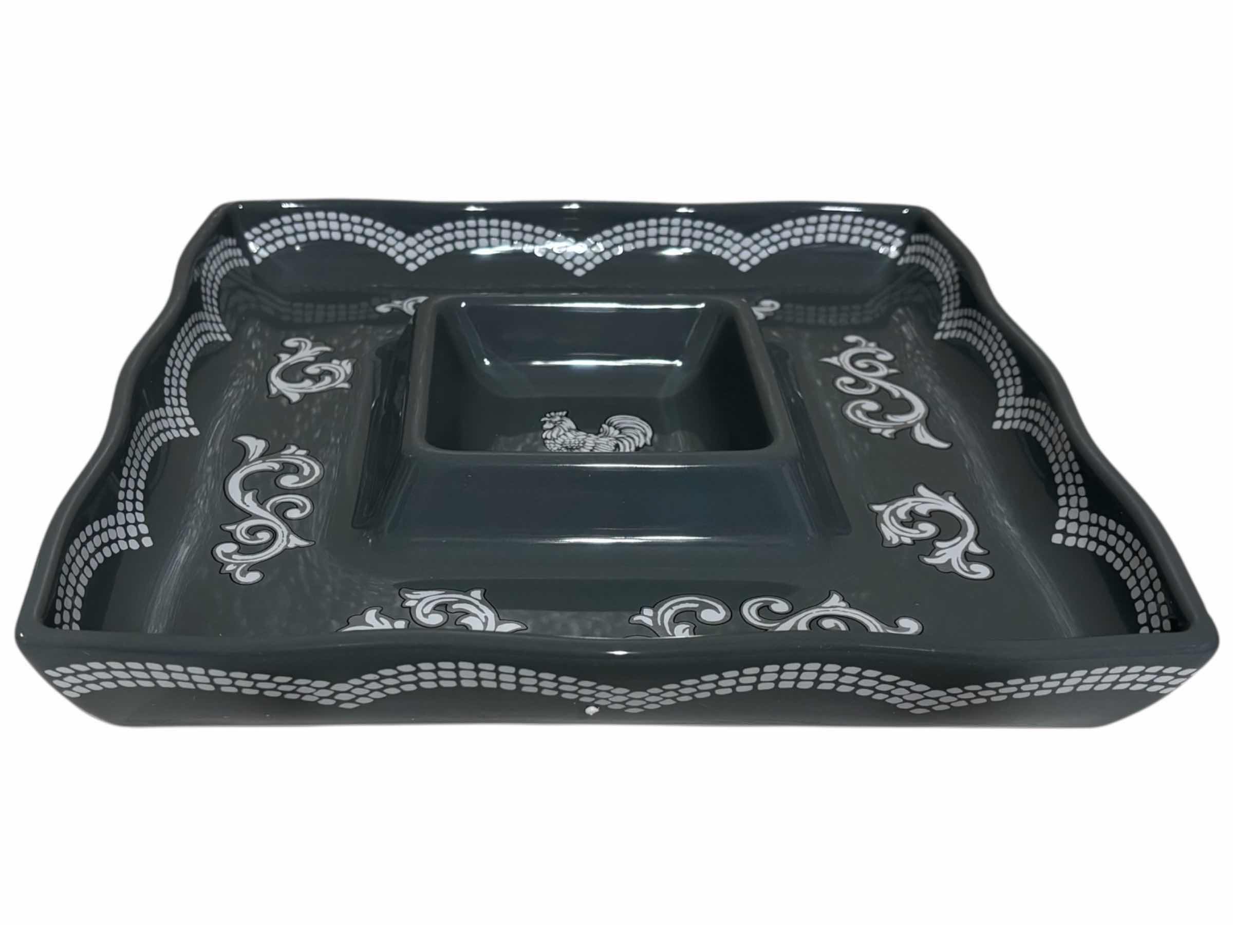 Photo 1 of TEMP-TATIONS OVENWARE DOODLE DOO GREY ROOSTER 12” X 12” CERAMIC SQUARE CHIP & DIP DISH