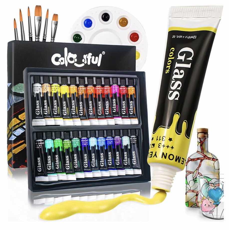 Photo 1 of COLORFUL PREMIUM STAIN GLASS PAINT SET W 6 BRUSHES, PALETTE, 24 COLORFUL WATERPROOF ACRYLIC ENAMEL PAINTING KIT
