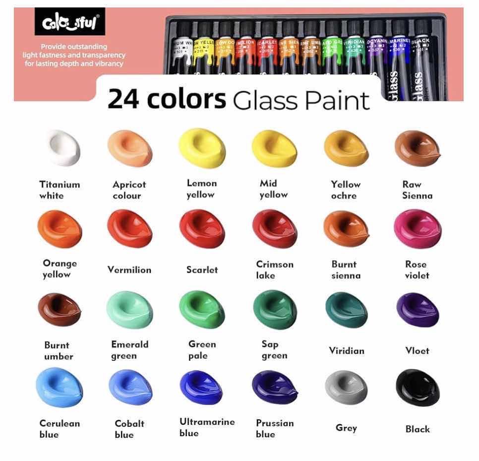 Photo 1 of COLORFUL PREMIUM STAIN GLASS PAINT SET W 6 BRUSHES, PALETTE, 24 COLORFUL WATERPROOF ACRYLIC ENAMEL PAINTING KIT