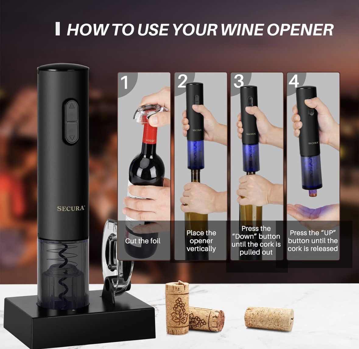 Photo 1 of SECURA ELECTRIC WINE OPENER W FOIL CUTTER & RECHARGEABLE BASE, SWO-3N