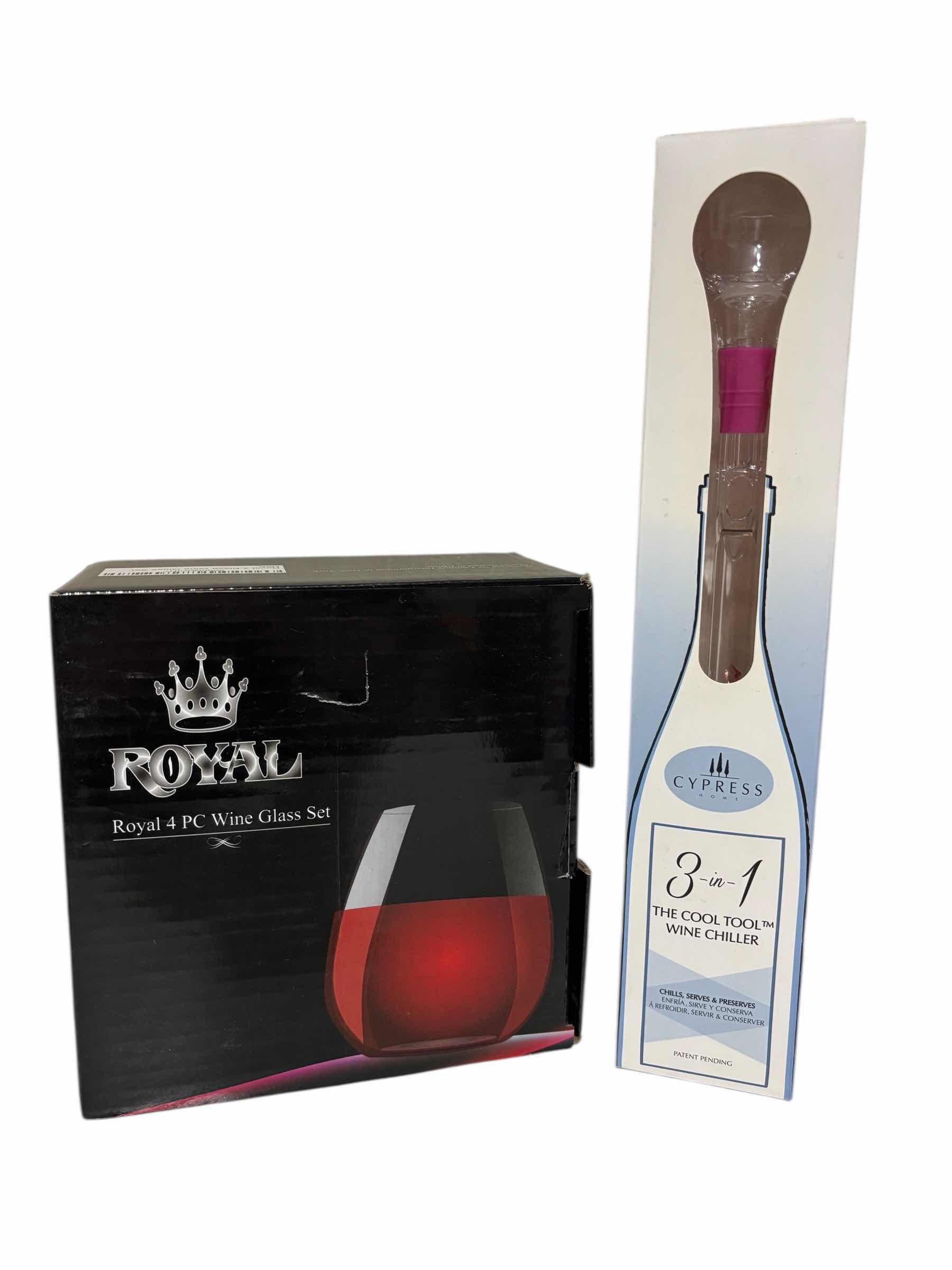 Photo 1 of ROYAL 4 PC WINE CLASS SET & CYPRESS HOME THE COOL TOOL WINE CHILLER STICK