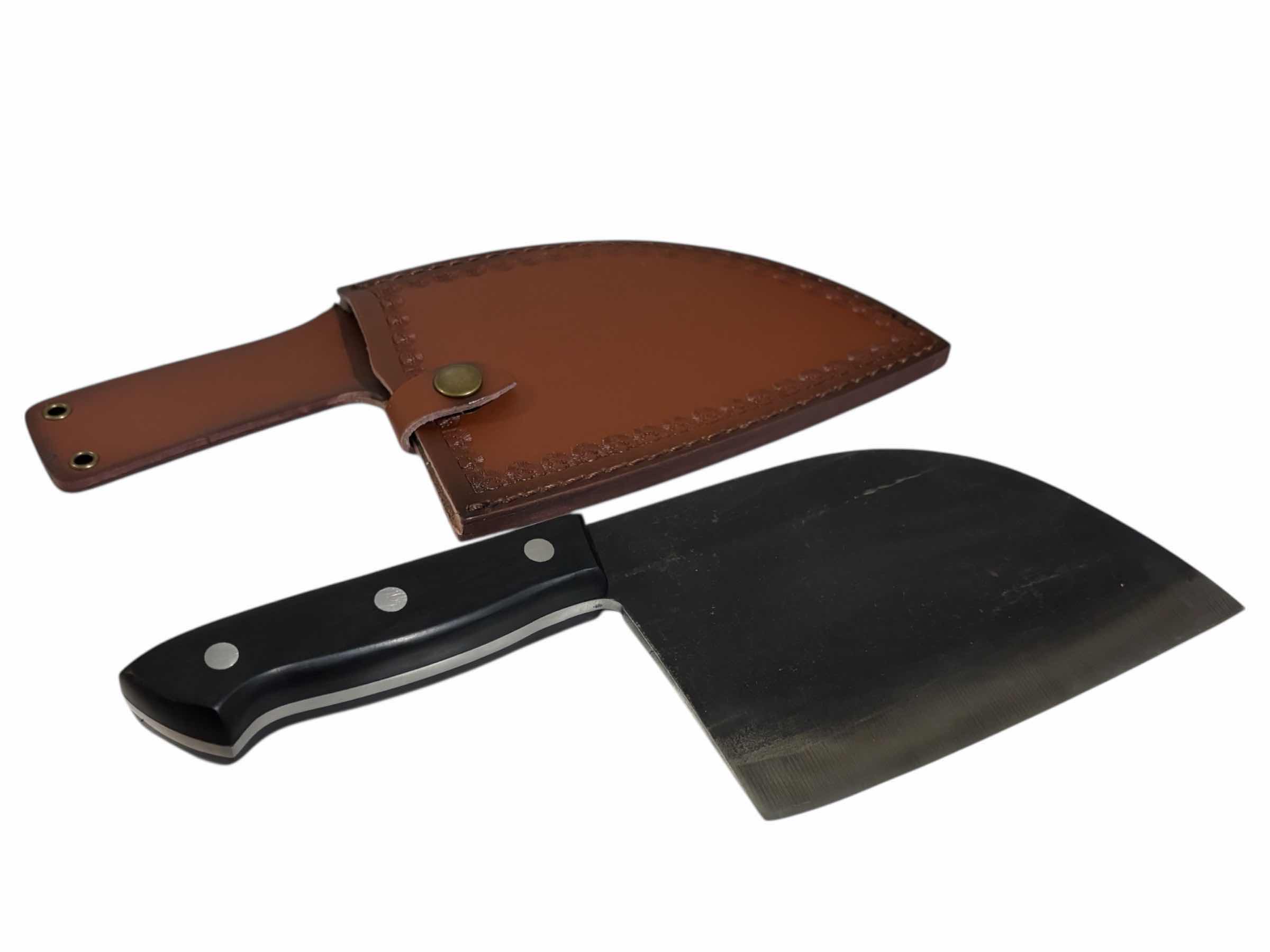 Photo 1 of PROFESSIONAL CHEF 12” CLEAVER/CHOPPER KNIFE W LEATHER SHEATH, CLEANING TOWEL & BOX $55