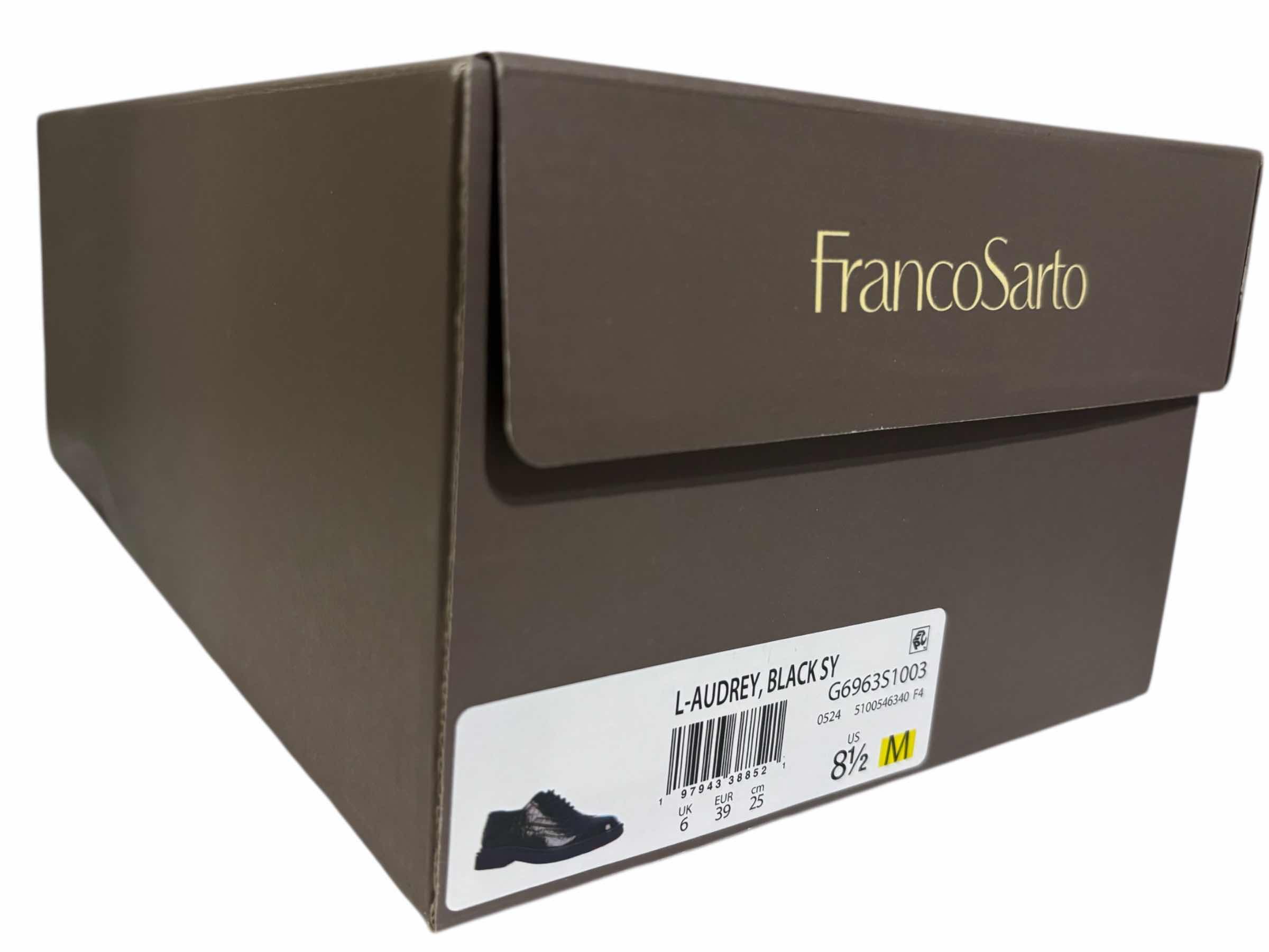 Photo 1 of FRANCO SARTO AUDREY CROC EMBOSSED WINGTIP OXFORD, BLACK PATENT LEATHER WOMENS SIZE 8.5M $125