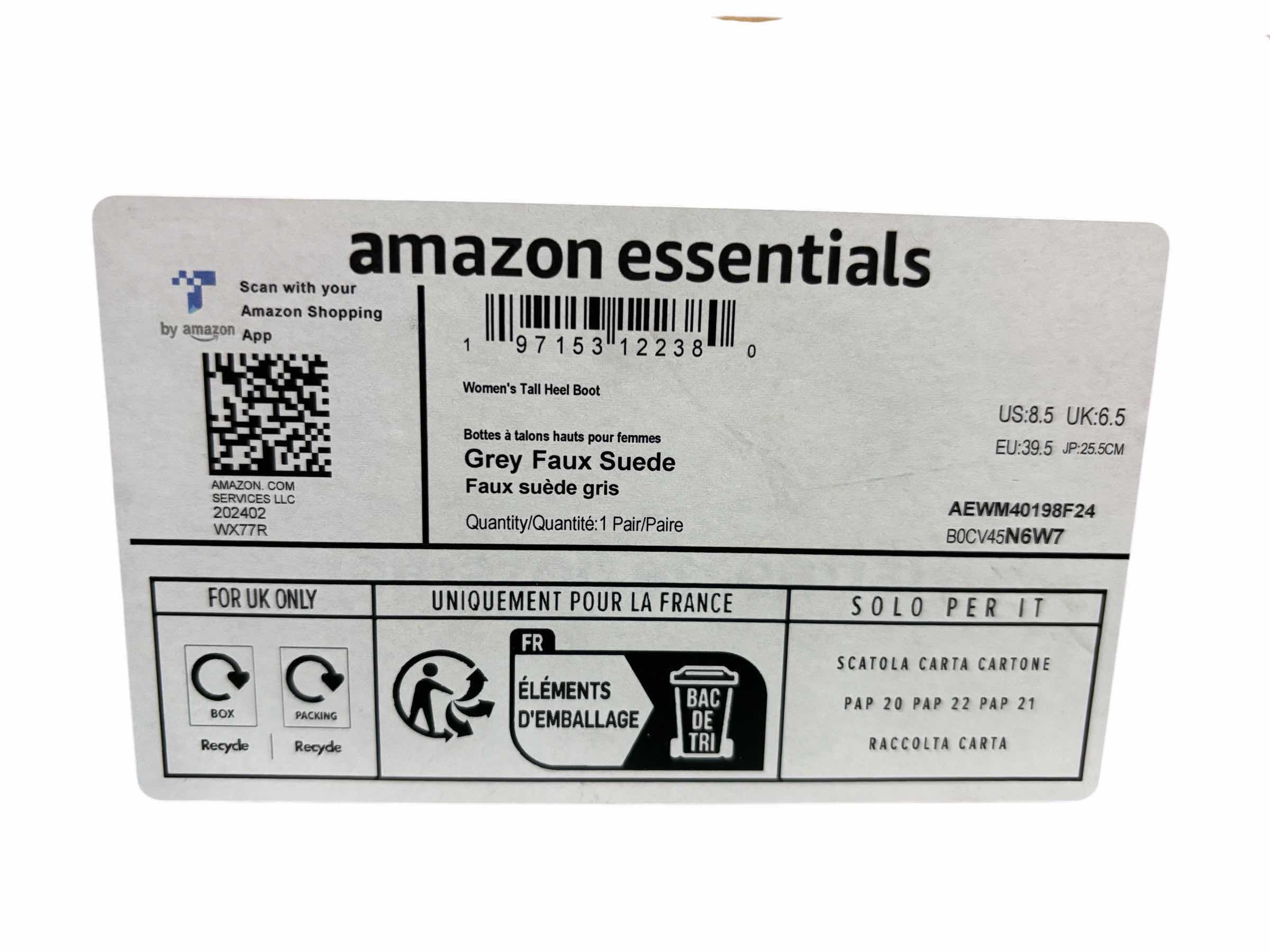 Photo 1 of AMAZON ESSENTIALS WOMENS TALL BOOT W 3” HEEL & ZIPPER, GREY FAUX SUEDE WOMENS SIZE 8.5