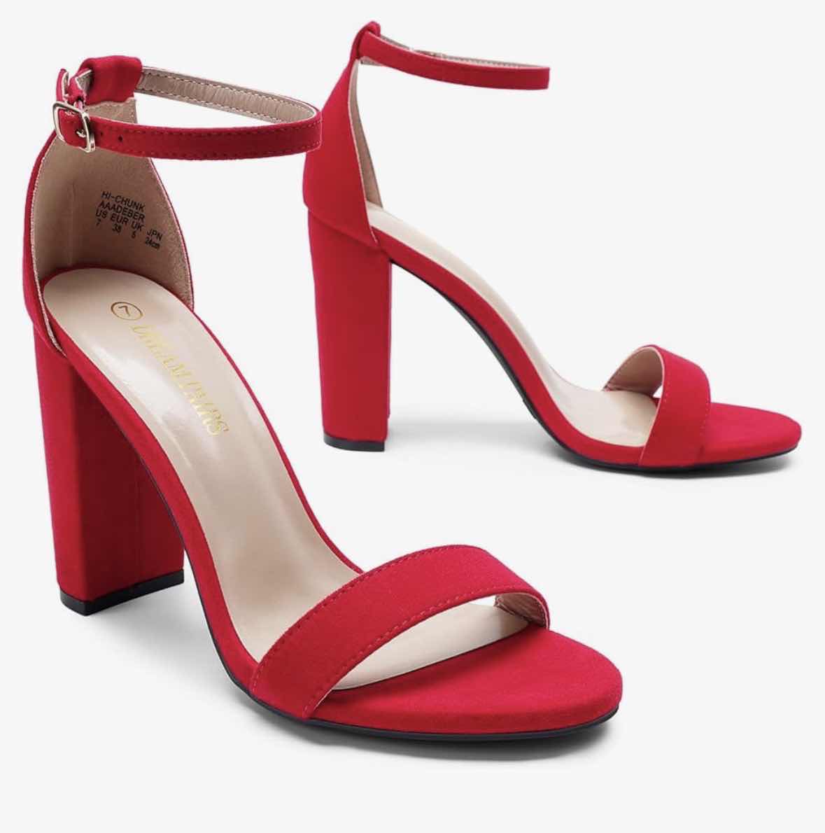 Photo 1 of DREAM PAIRS HI-CHUNK BLOCK OPEN TOE HEELS W ANKLE STRAP, RED SUEDE WOMENS SIZE 8