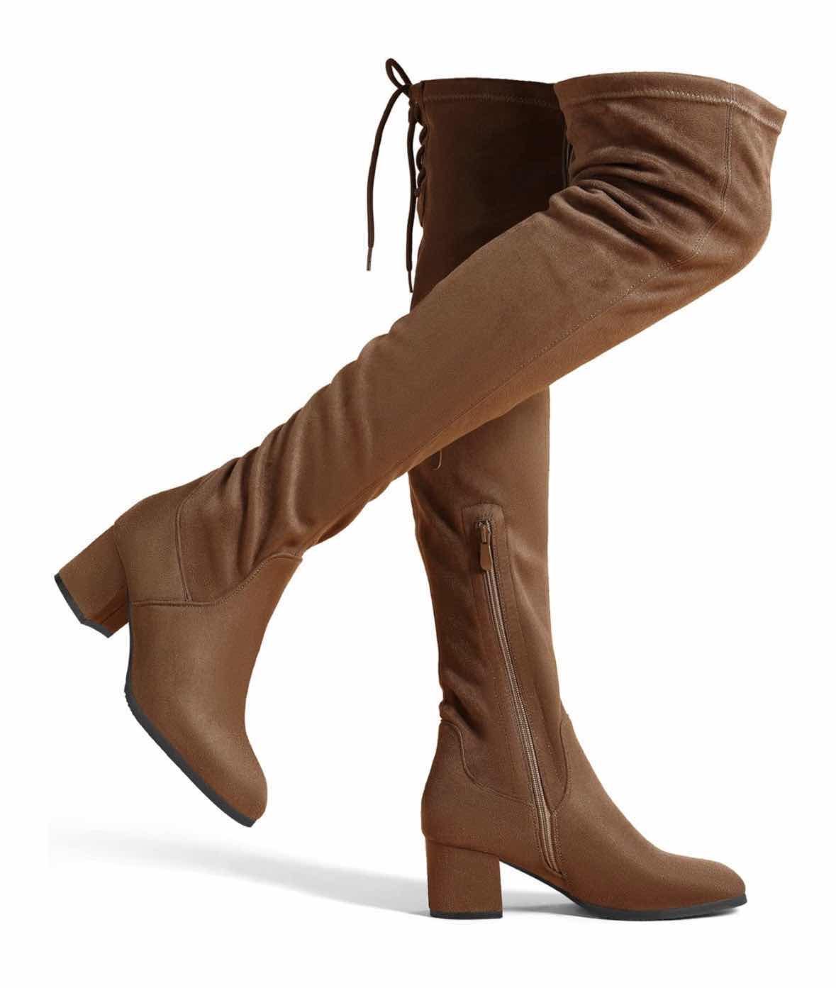 Photo 1 of DREAM PAIRS LAURENCE OVER THE KNEE THIGH HIGH STRETCHY CHUNK HEEL BOOTS, BROWN SUEDE, WOMENS SIZE 8.5
