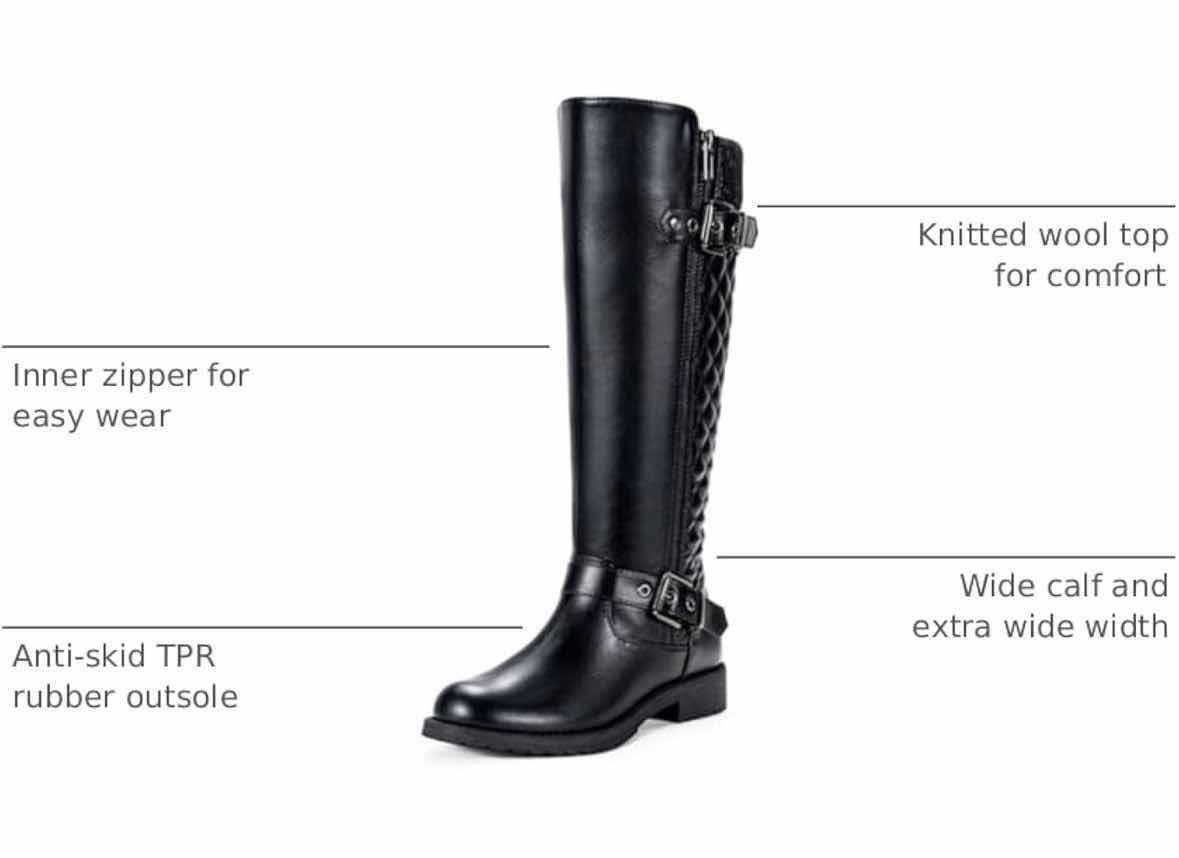 Photo 1 of JEOSSY KNEE HIGH RIDING BOOTS W KNITTED WOOL TOP, METAL BUCKLES & ZIPPER, WIDE CALF/WIDTH, BLACK WOMENS SIZE 8.5