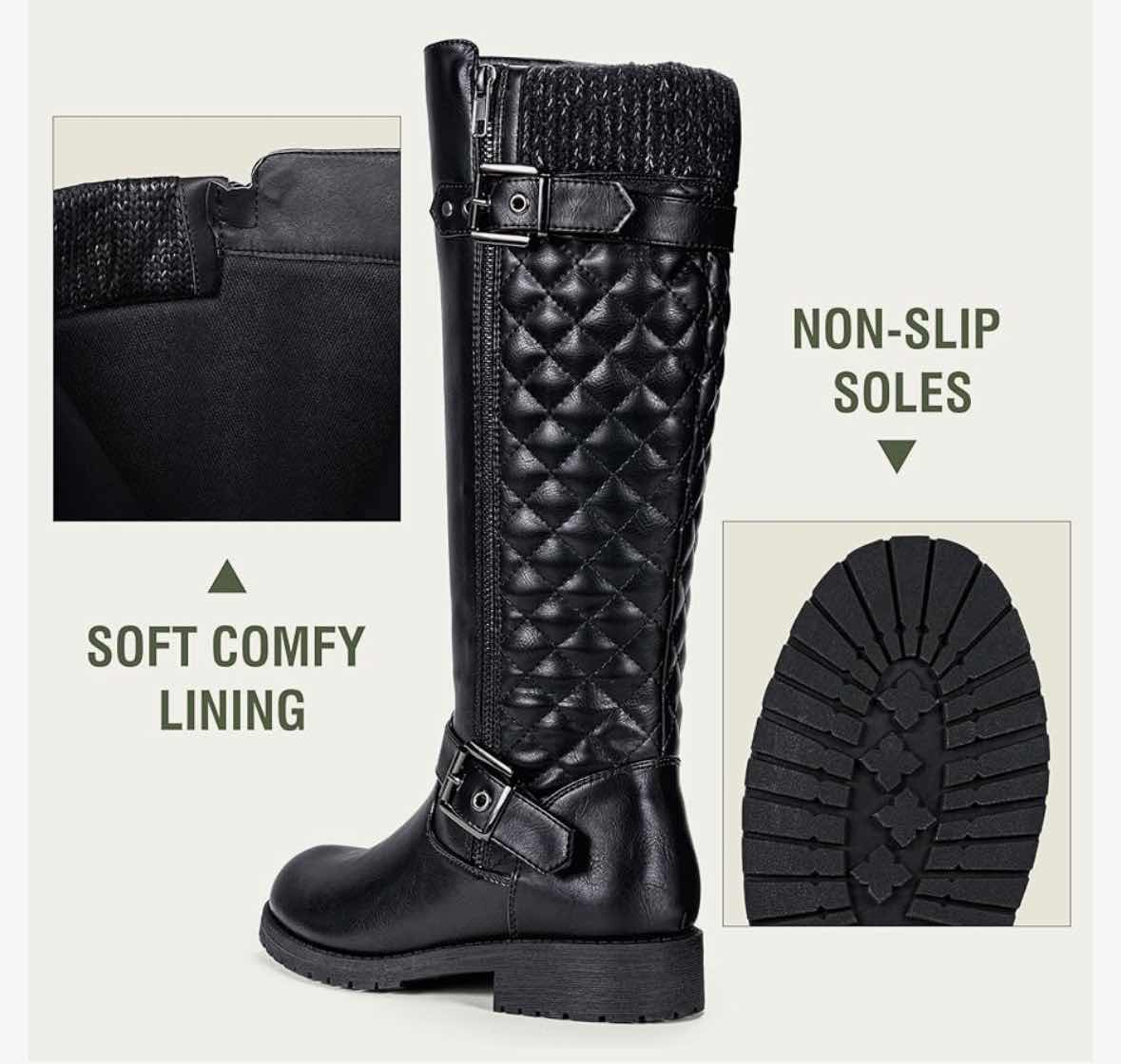 Photo 1 of JEOSSY KNEE HIGH RIDING BOOTS W KNITTED WOOL TOP, METAL BUCKLES & ZIPPER, WIDE CALF/WIDTH, BLACK WOMENS SIZE 8.5