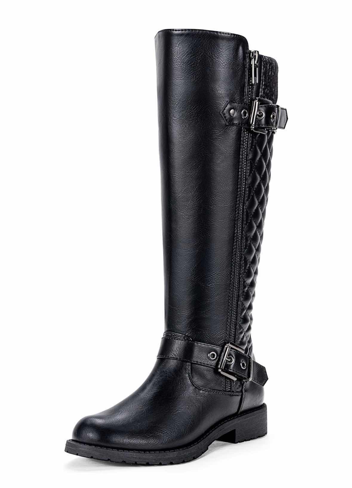 Photo 1 of JEOSSY KNEE HIGH RIDING BOOTS W KNITTED WOOL TOP, METAL BUCKLES & ZIPPER, WIDE CALF/WIDTH, BLACK WOMENS SIZE 8.5