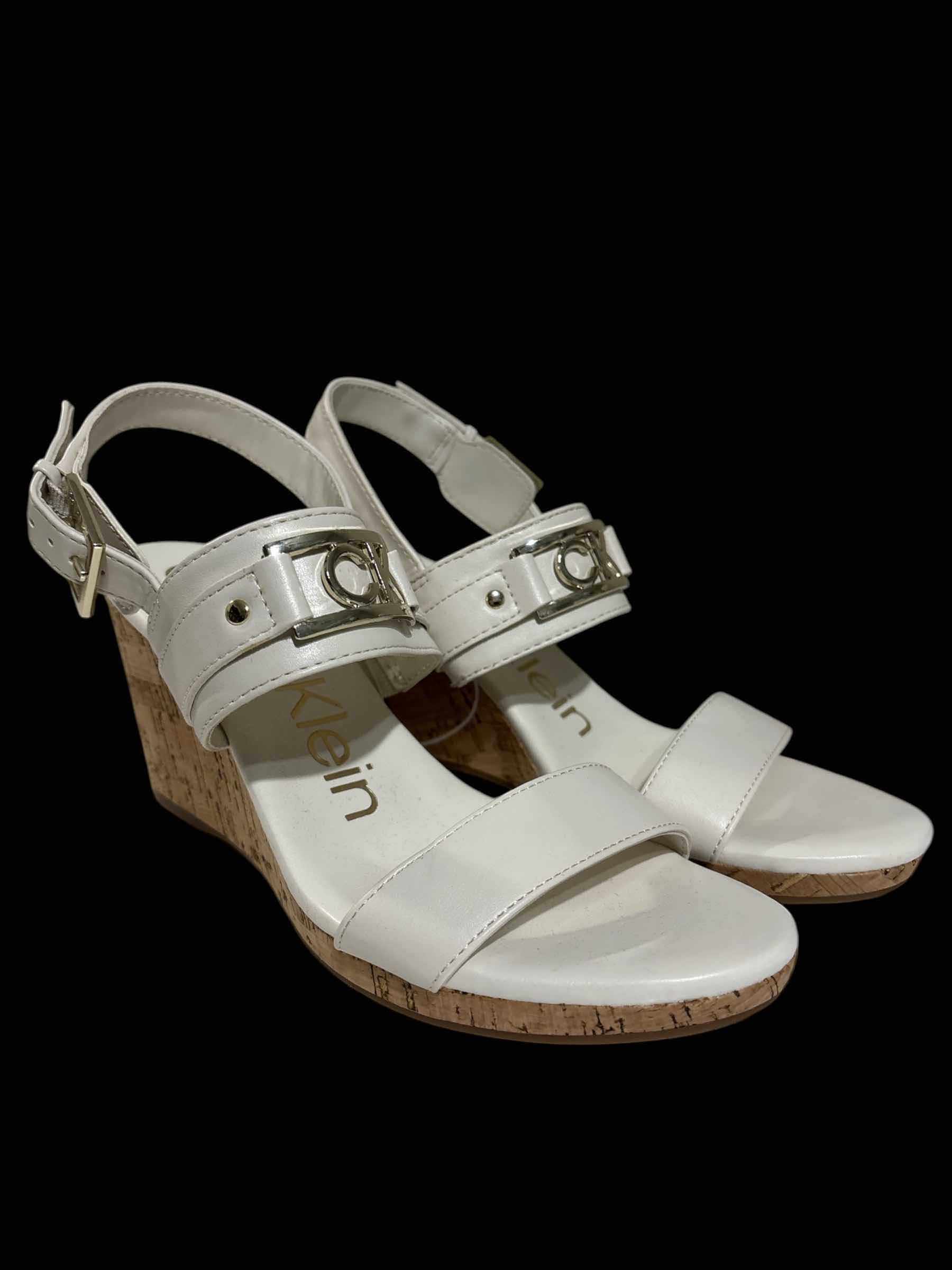 Photo 1 of CALVIN KLEIN BOMEGA WEDGE SANDALS W BUCKLE STRAPS, WHITE W GOLD ACCENTS WOMENS SIZE 8.5